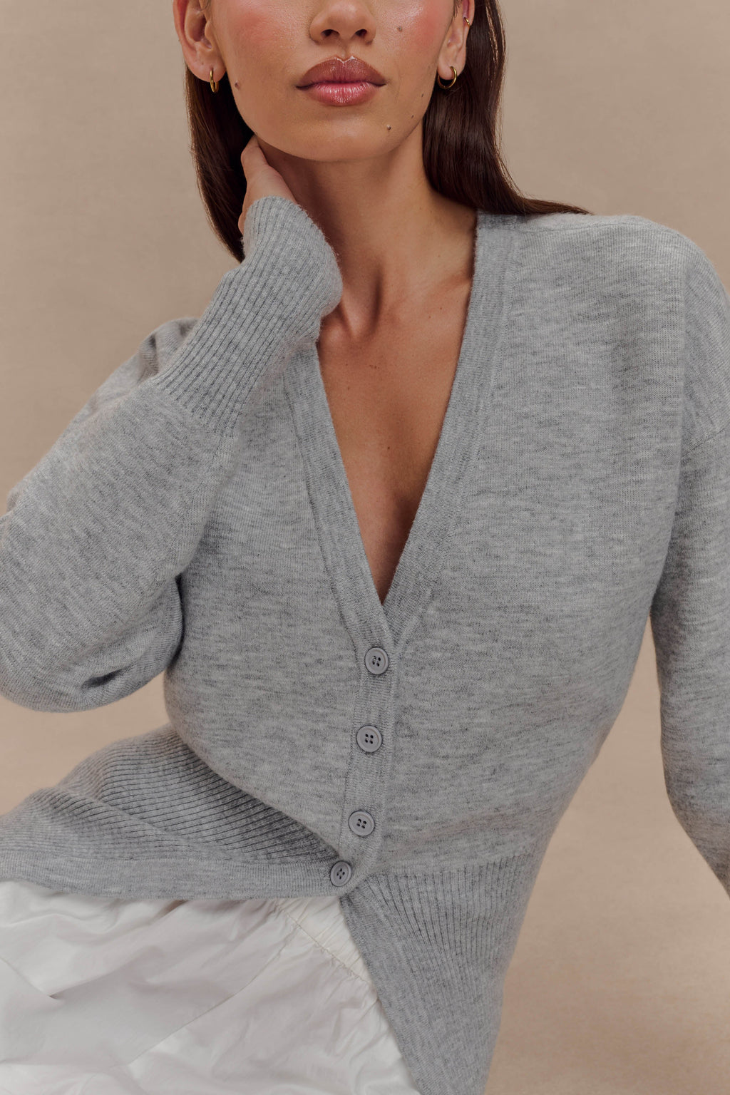 Levauro Alexia Düğmeli Oversize Hırka - Gri Marle