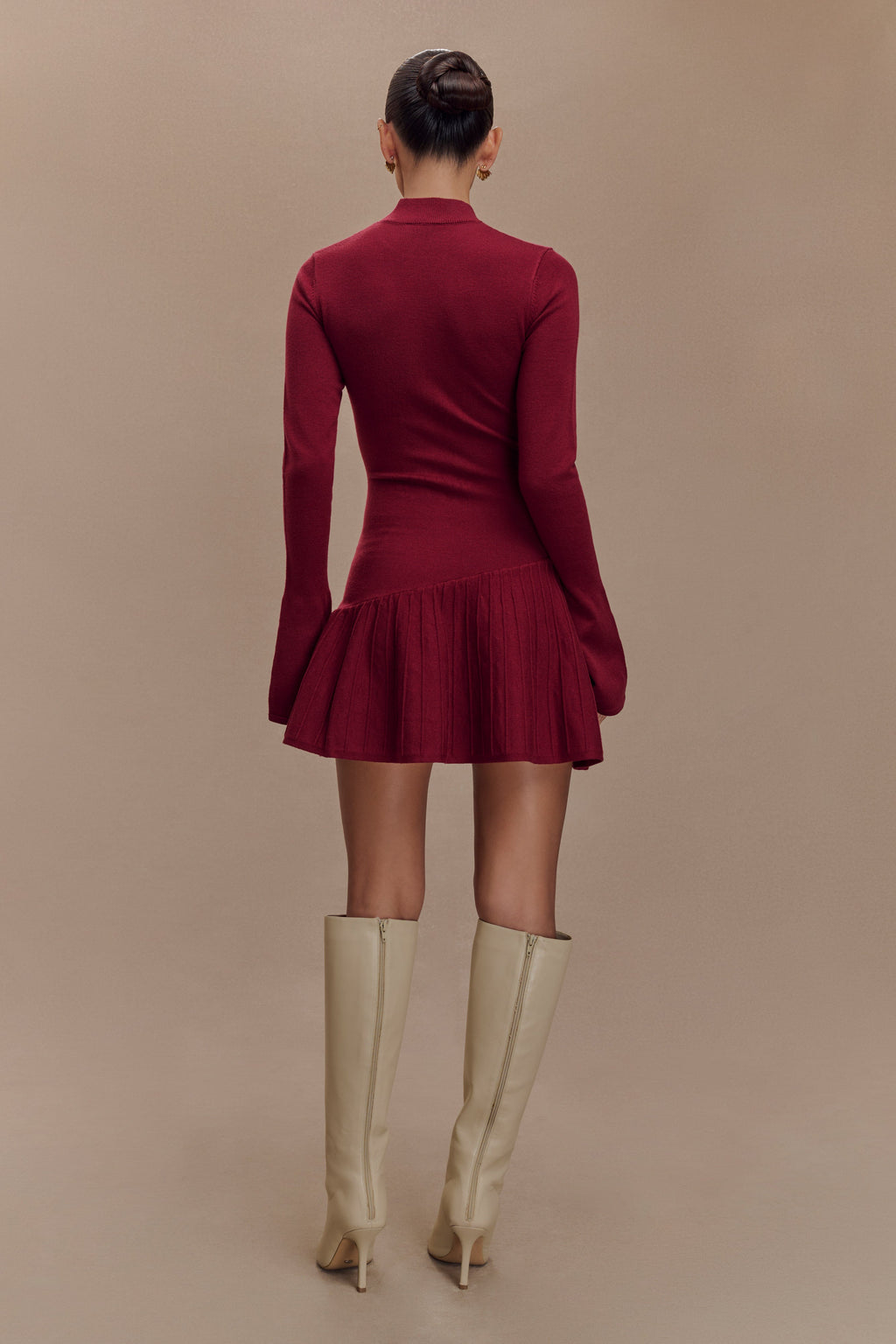 Levauro Blair Pileli Örgü Mini Elbise - Merlot