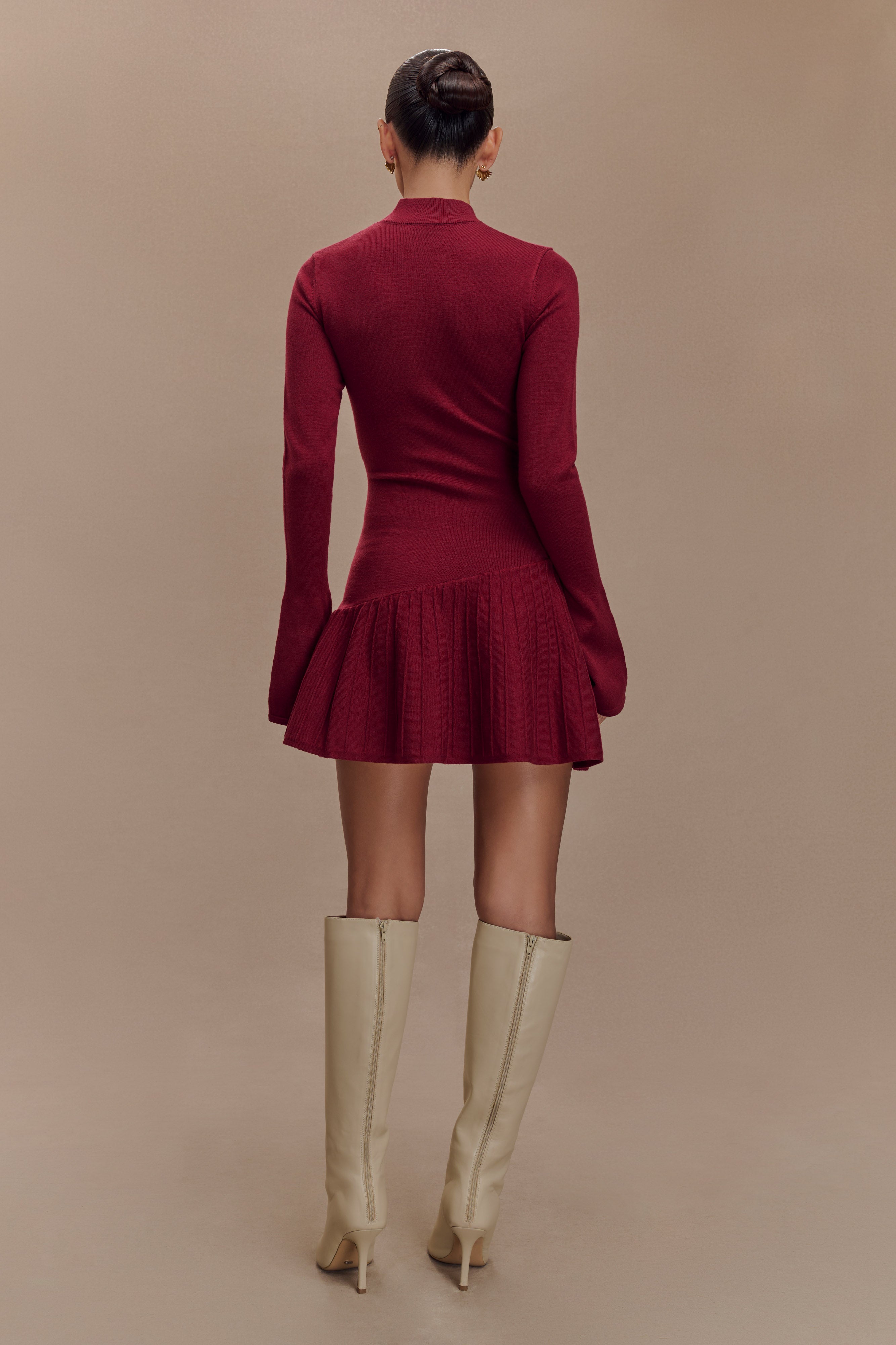 Levauro Blair Pileli Örgü Mini Elbise - Merlot