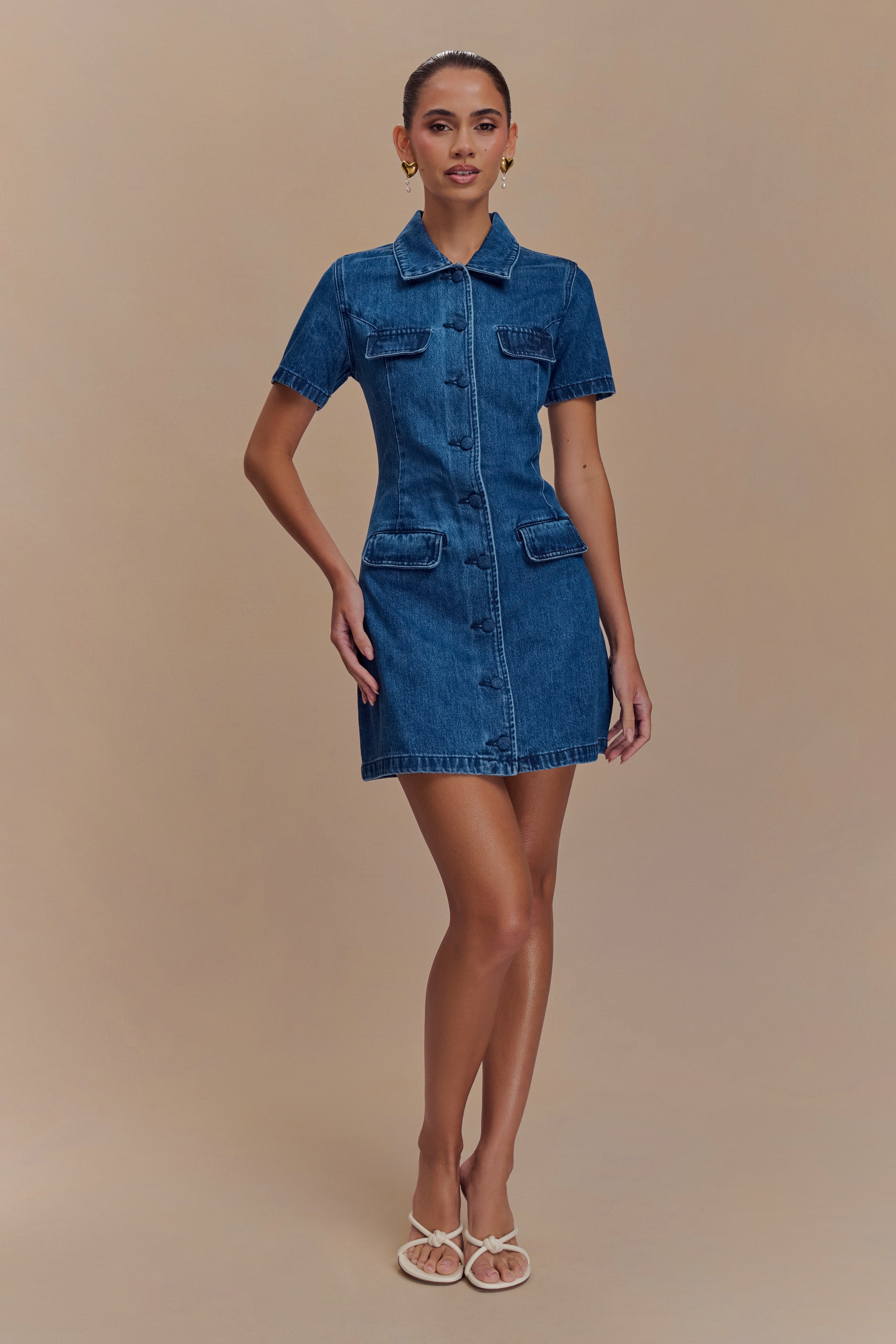 Levauro Leighton Denim Düğmeli Mini Elbise - Koyu Mavi