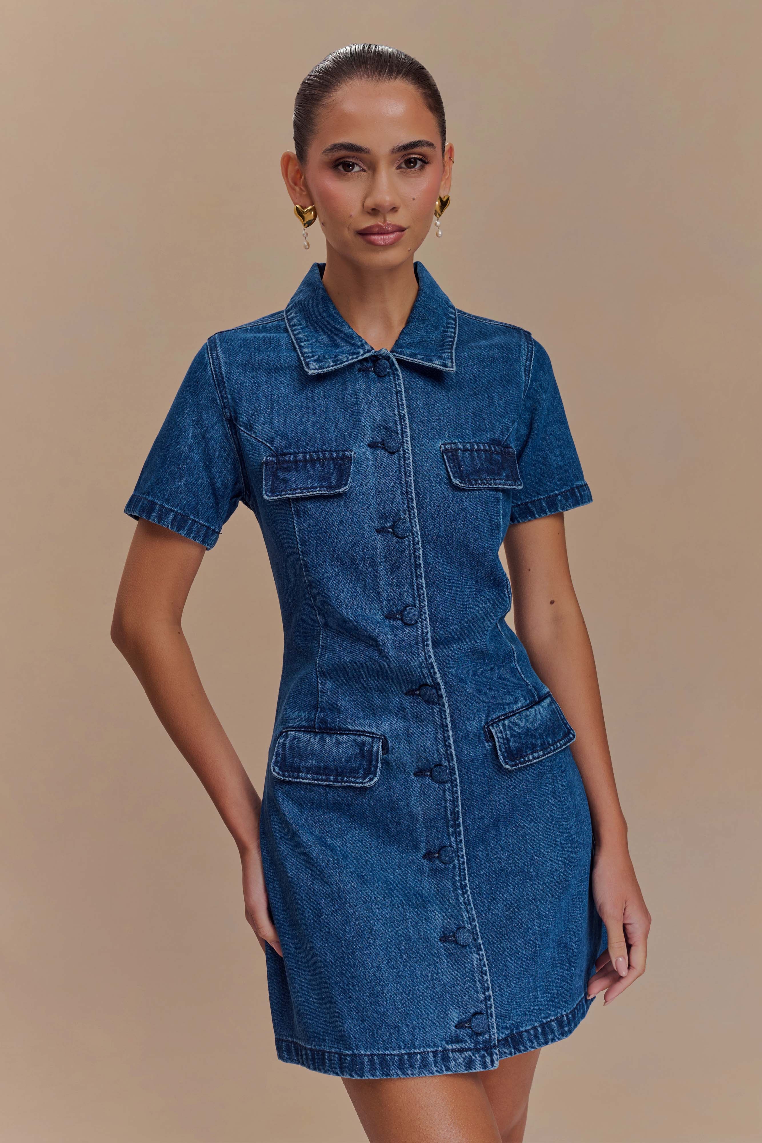 Levauro Leighton Denim Düğmeli Mini Elbise - Koyu Mavi