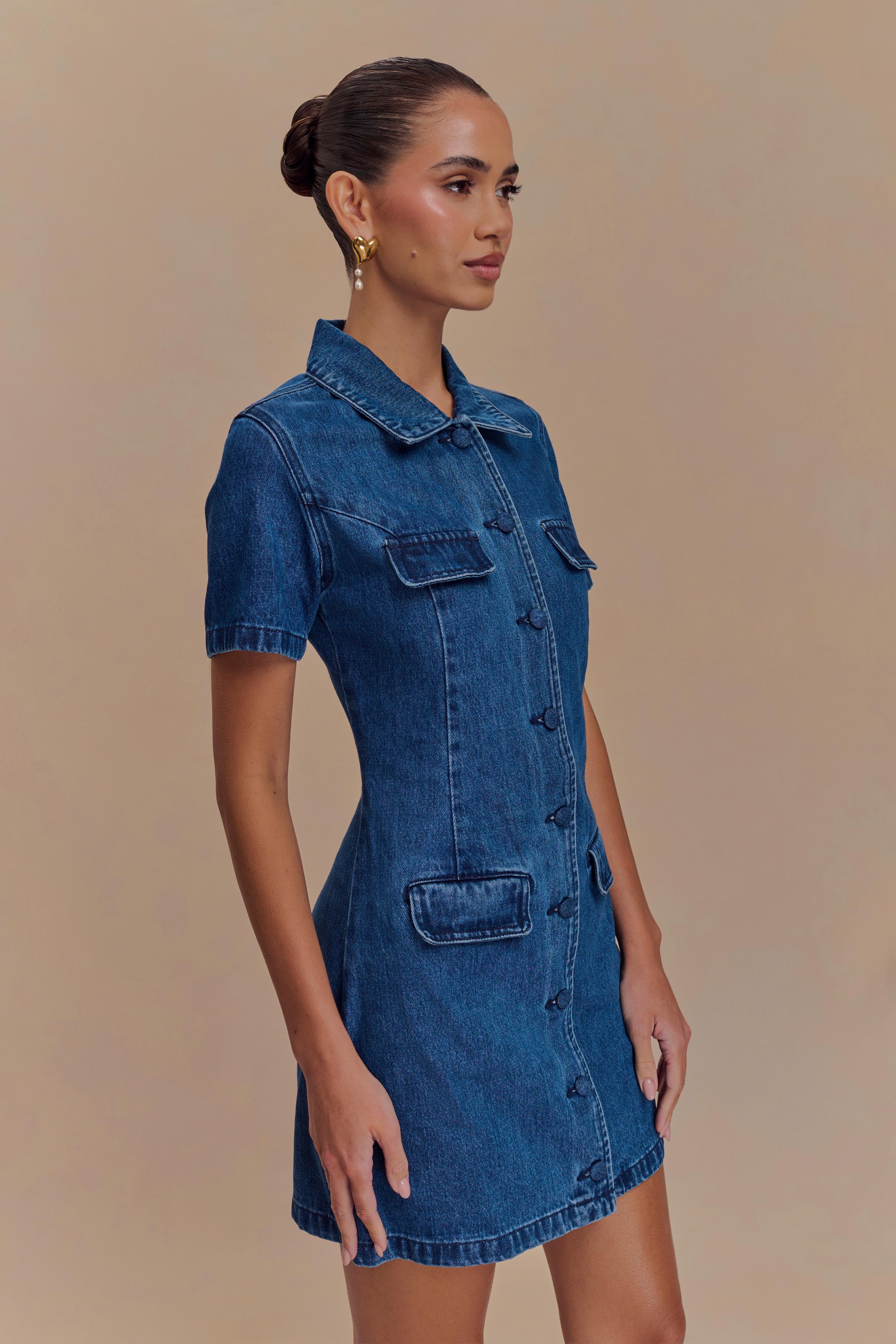 Levauro Leighton Denim Düğmeli Mini Elbise - Koyu Mavi