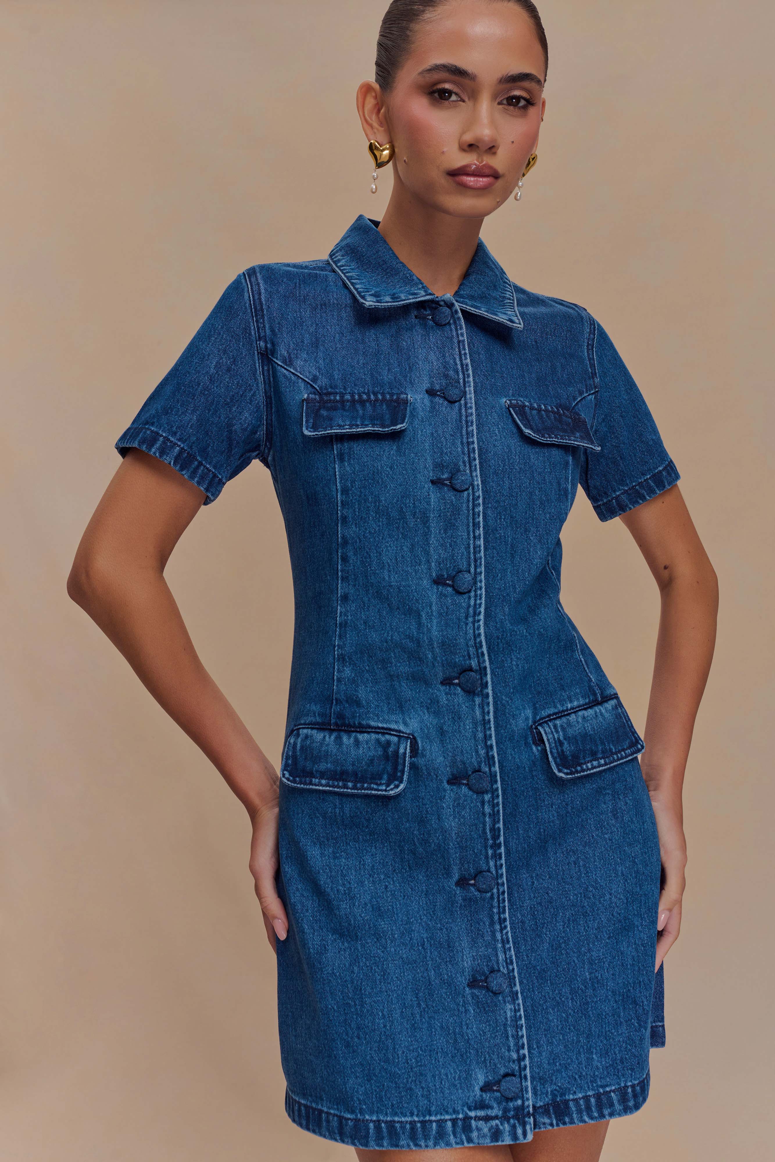 Levauro Leighton Denim Düğmeli Mini Elbise - Koyu Mavi
