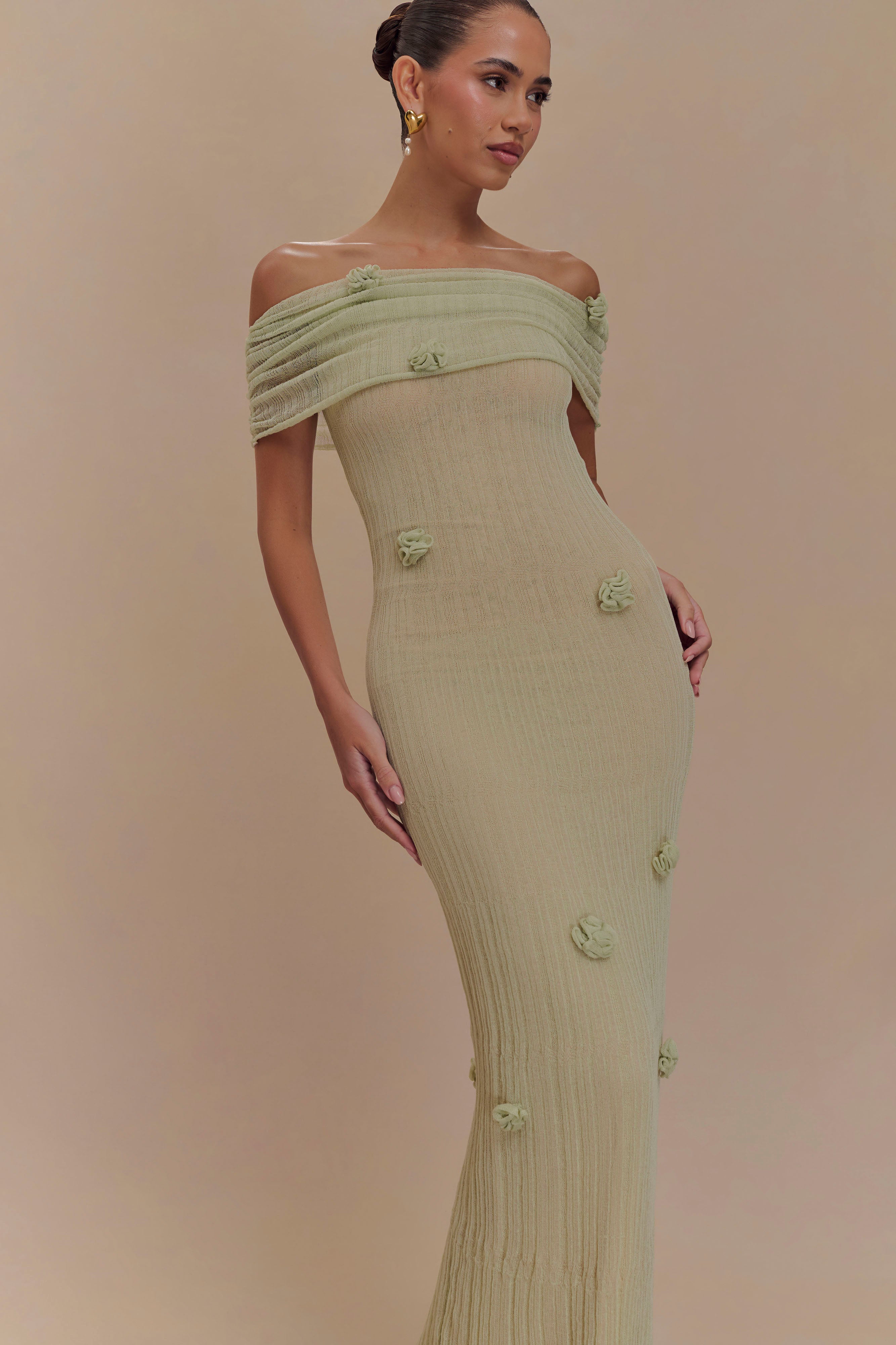 Levauro Brynn Orkide Örgü Maxi Elbise - Pastel Yeşil