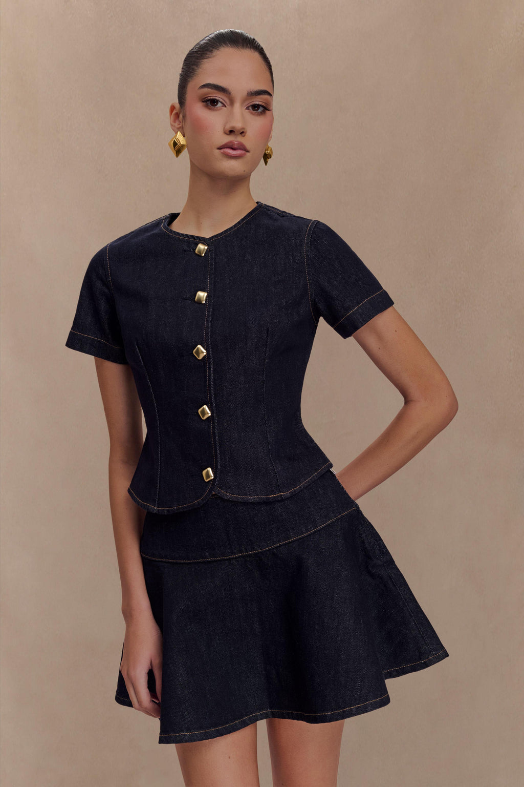 Levauro Bethany Kısa Kollu Düğmeli Denim Üst - Yıkanmış İndigo Mavi