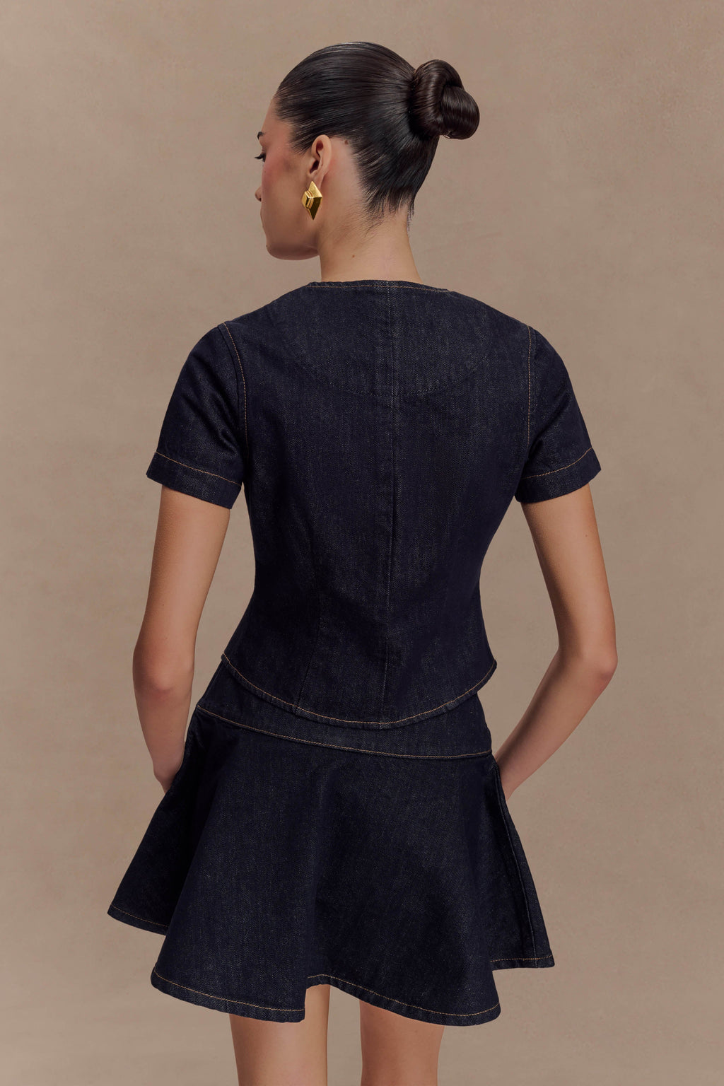 Levauro Bethany Kısa Kollu Düğmeli Denim Üst - Yıkanmış İndigo Mavi