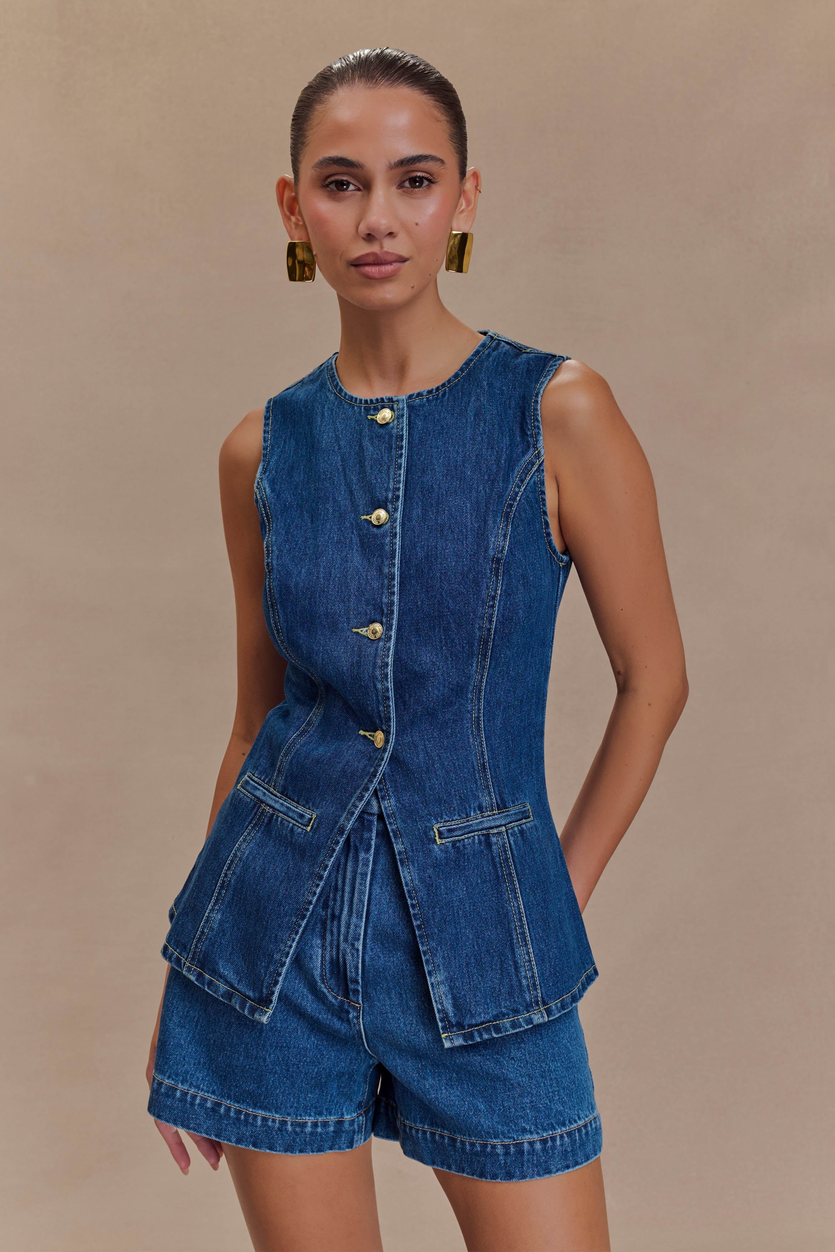Levauro Abel Denim Düğmeli Üst - Koyu Mavi