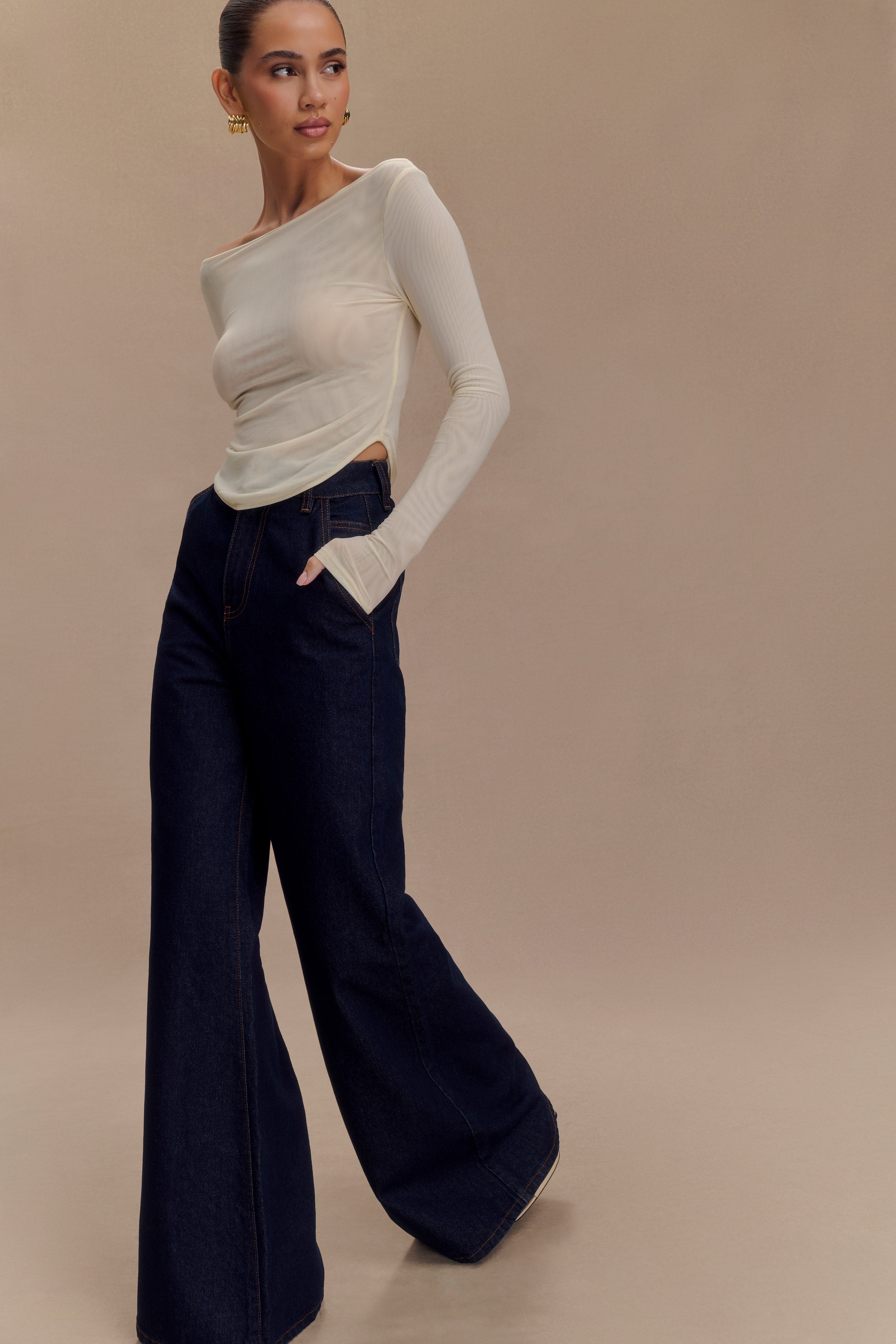 Levauro Jen Geniş Paça Flare Denim Jeans - İndigo Mavi