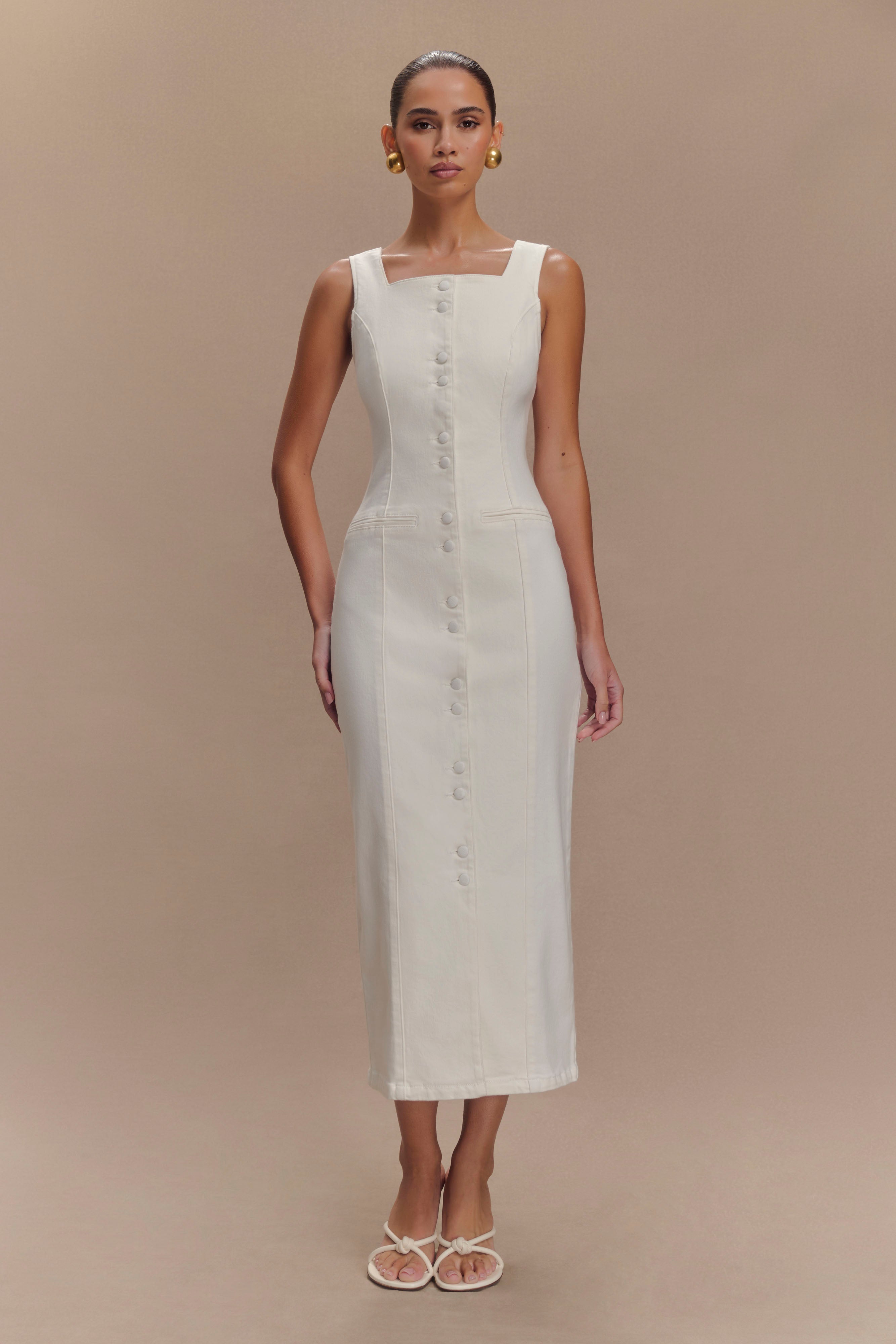 Levauro Reyna Denim Midi Elbise - Beyaz