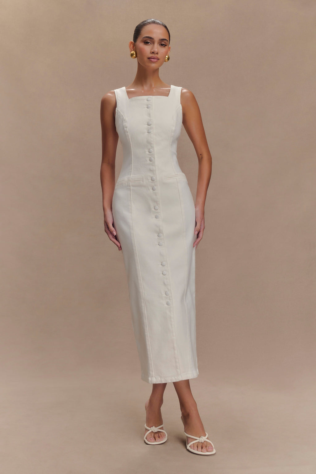 Levauro Reyna Denim Midi Elbise - Beyaz