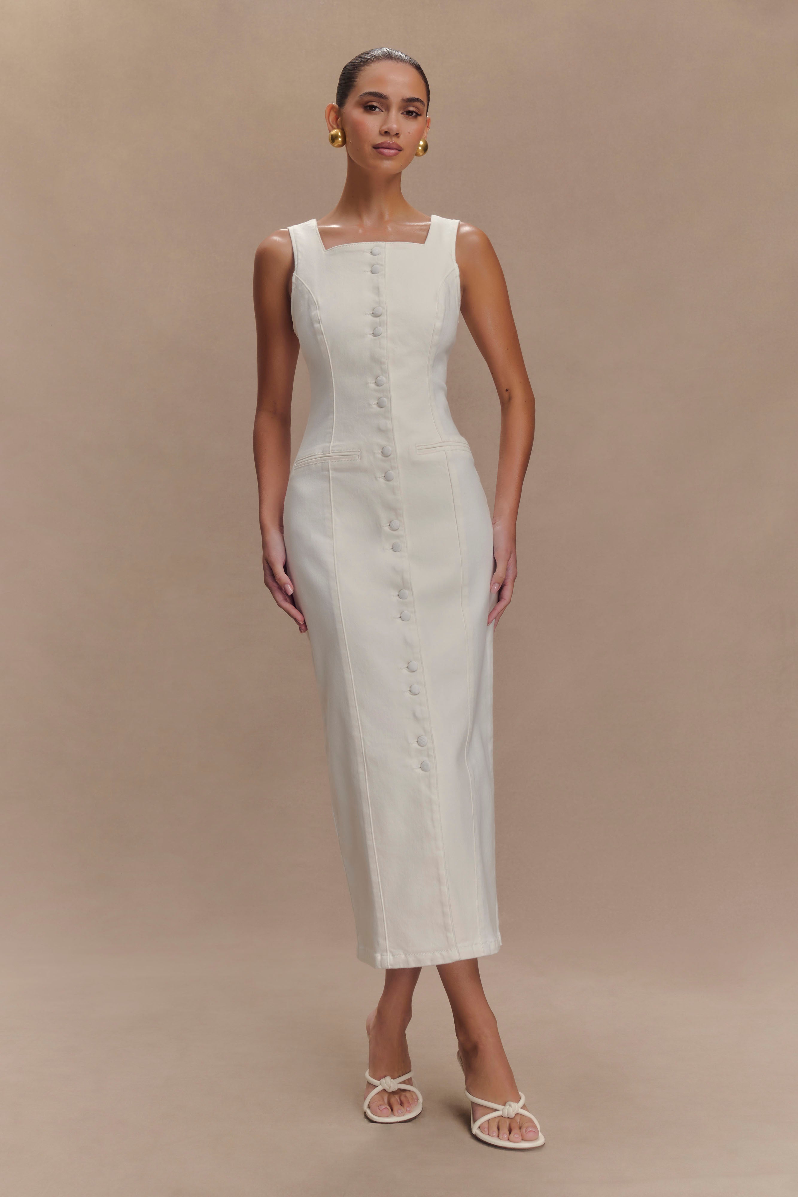 Levauro Reyna Denim Midi Elbise - Beyaz