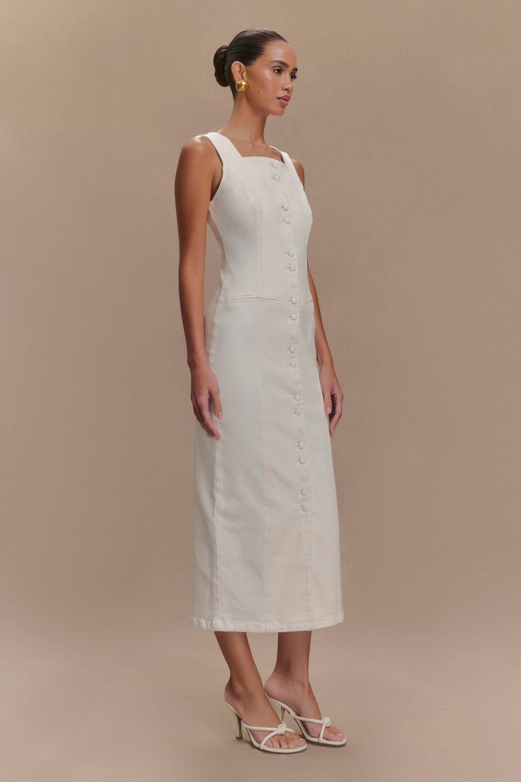Levauro Reyna Denim Midi Elbise - Beyaz