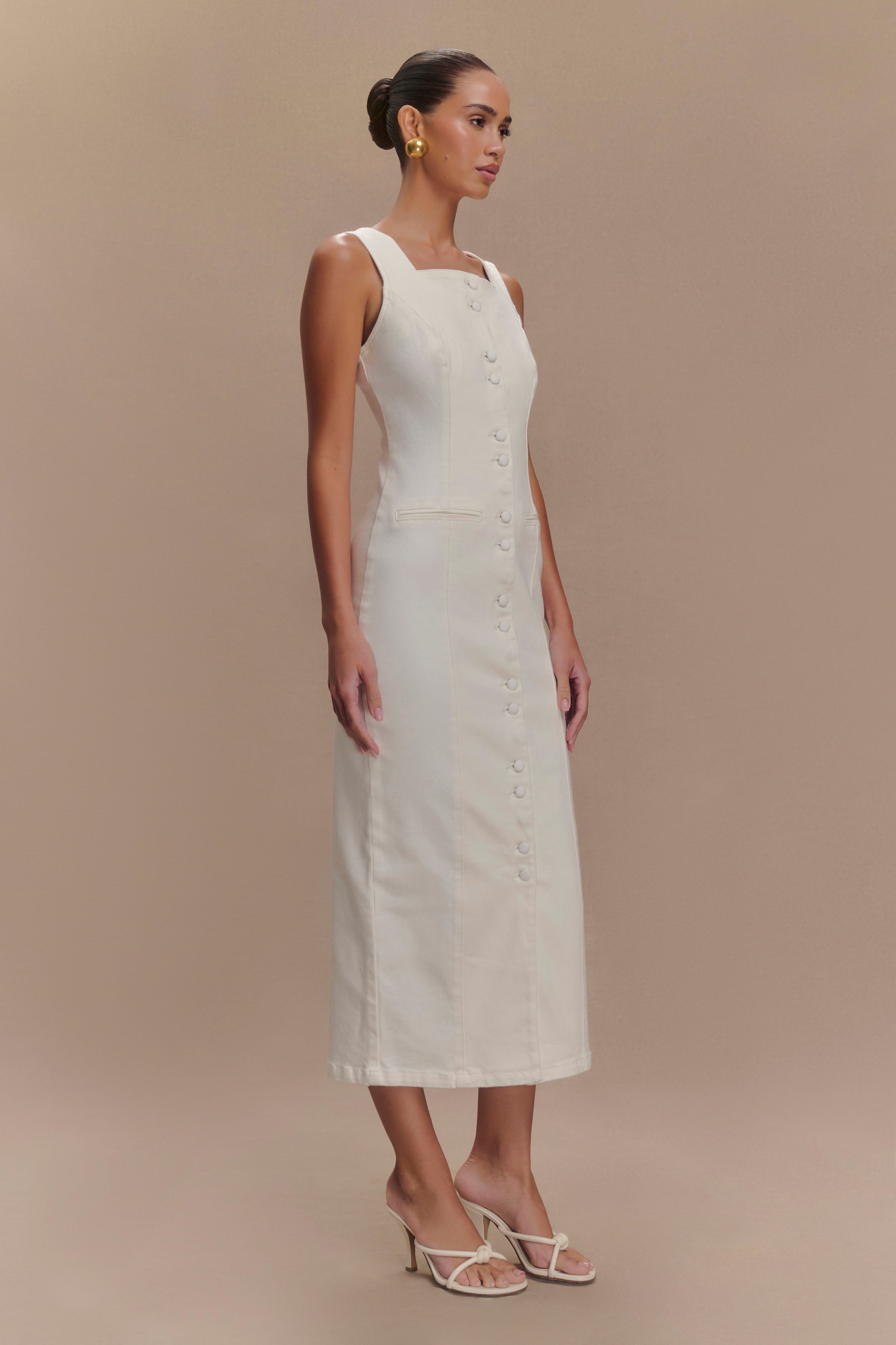 Levauro Reyna Denim Midi Elbise - Beyaz