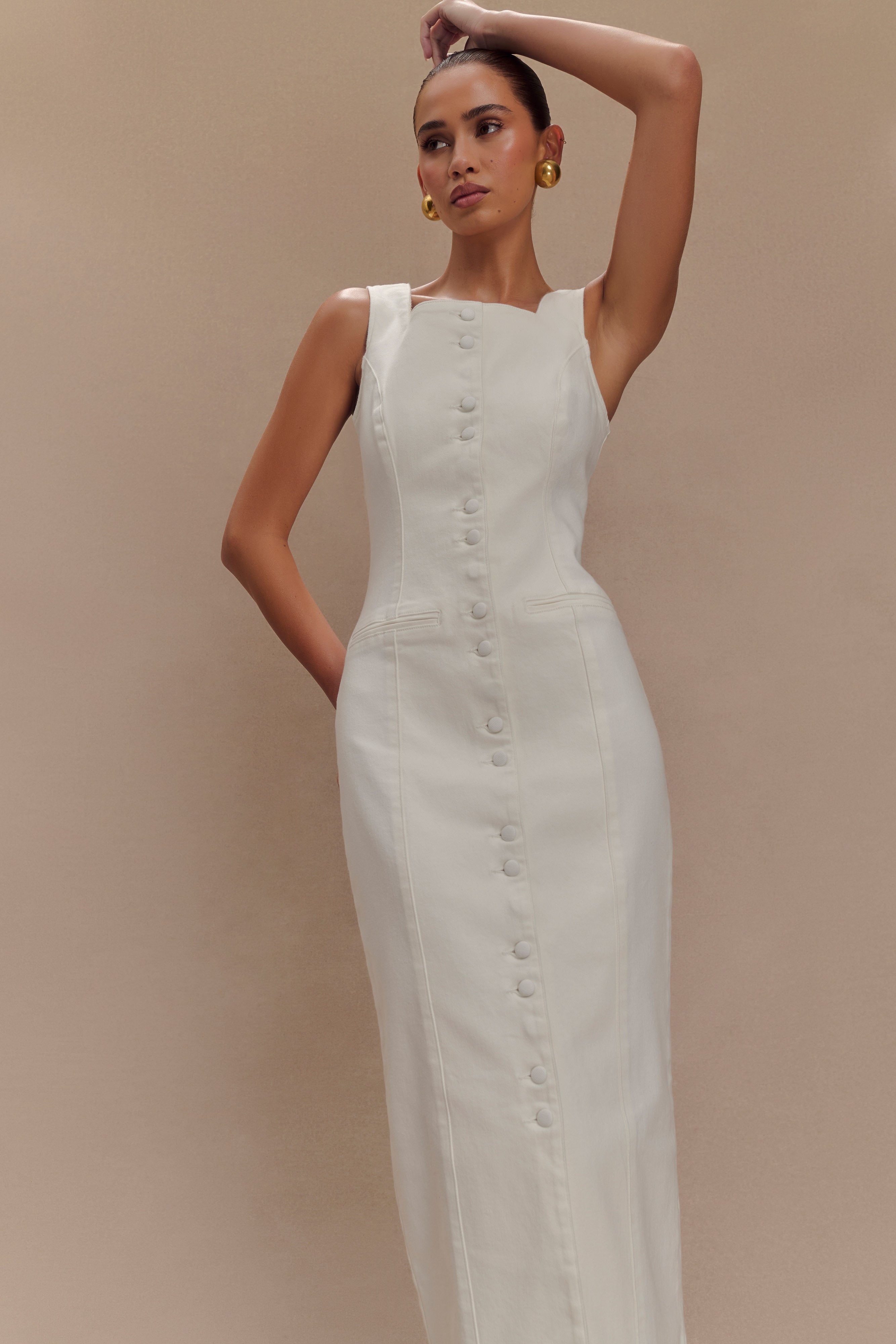 Levauro Reyna Denim Midi Elbise - Beyaz