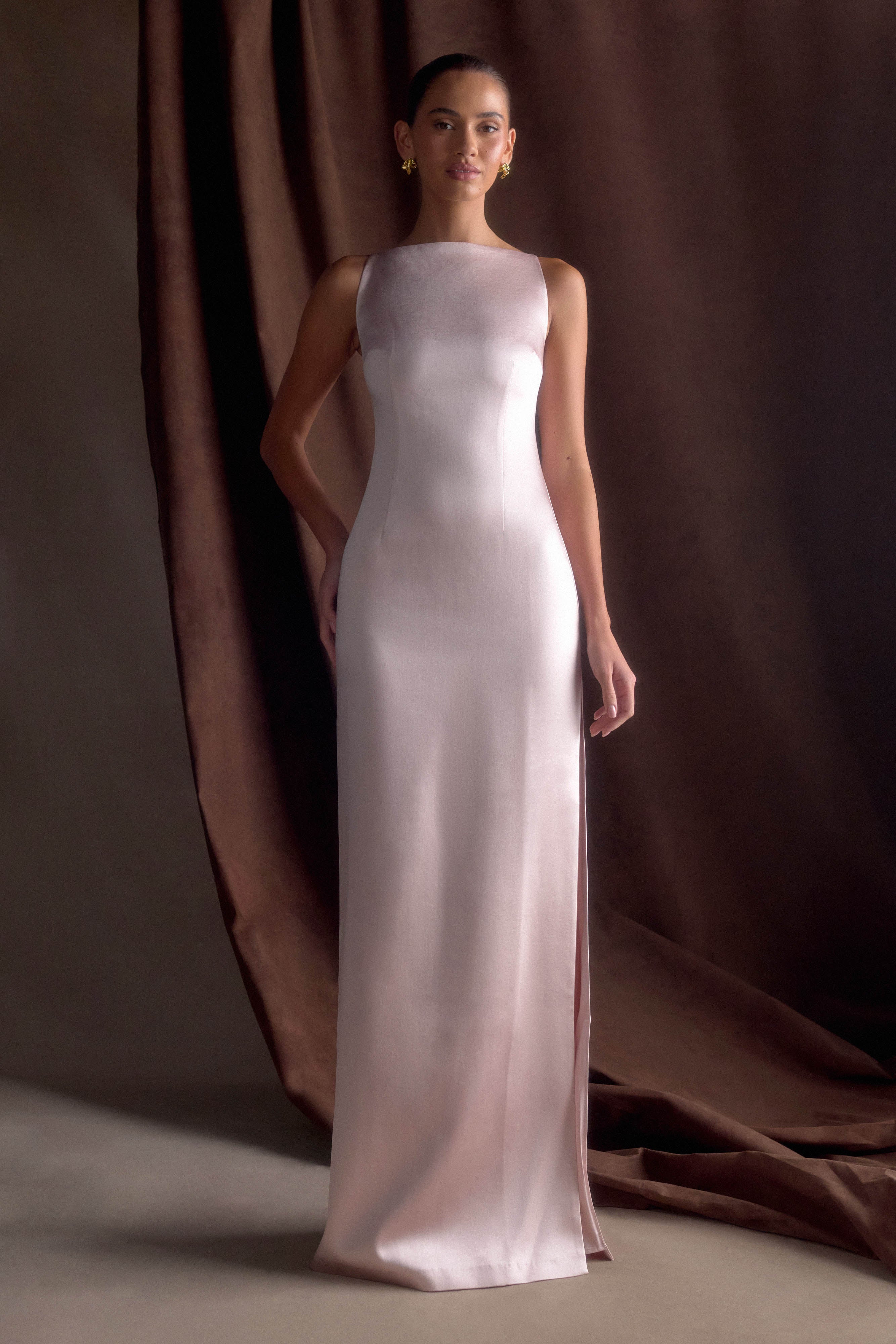 Levauro Mor Kolsuz Saten Maxi Elbise - Soft Pembe