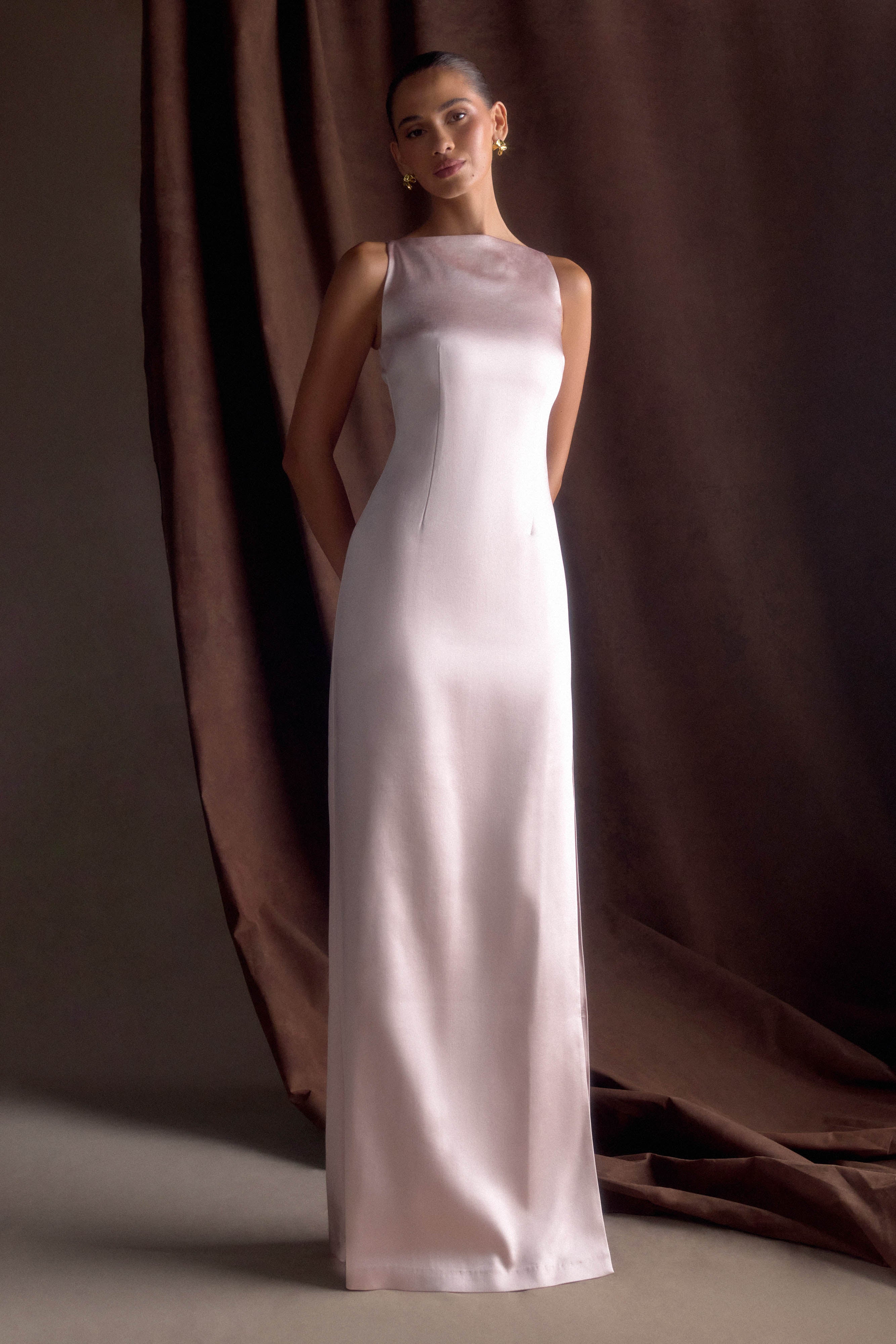 Levauro Mor Kolsuz Saten Maxi Elbise - Soft Pembe