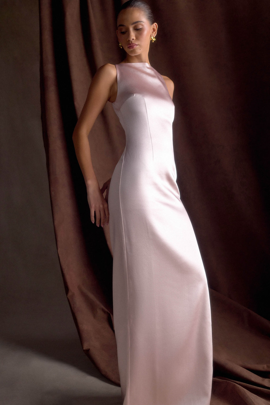 Levauro Mor Kolsuz Saten Maxi Elbise - Soft Pembe