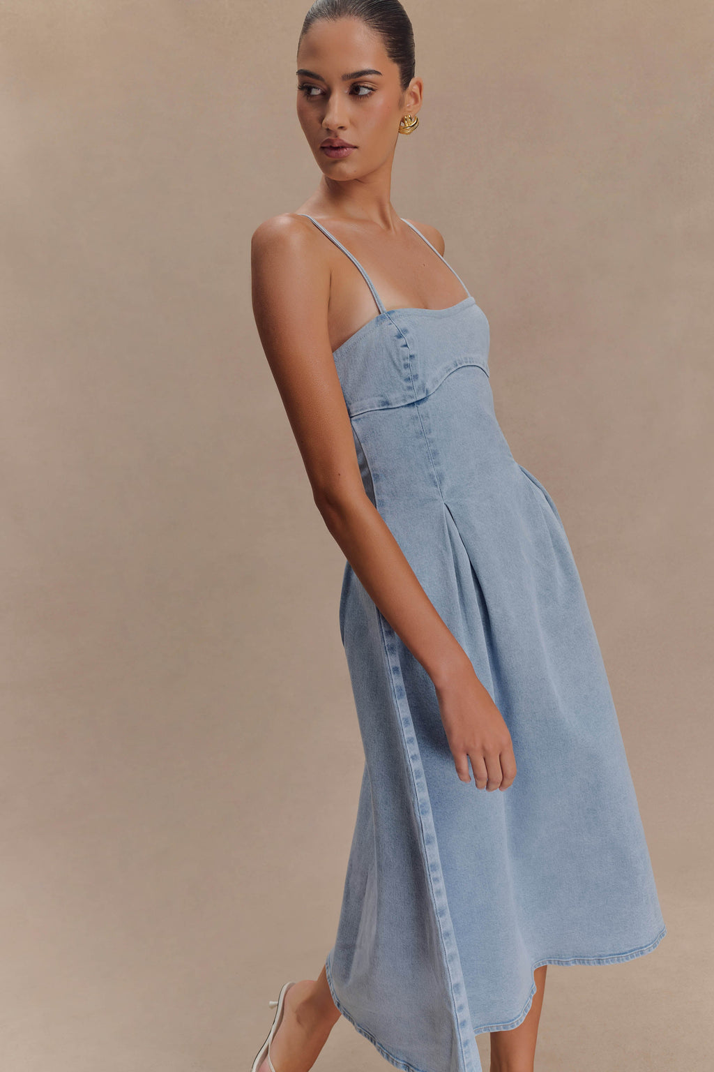 Levauro Harlyn Denim Midi Elbise - Açık Mavi