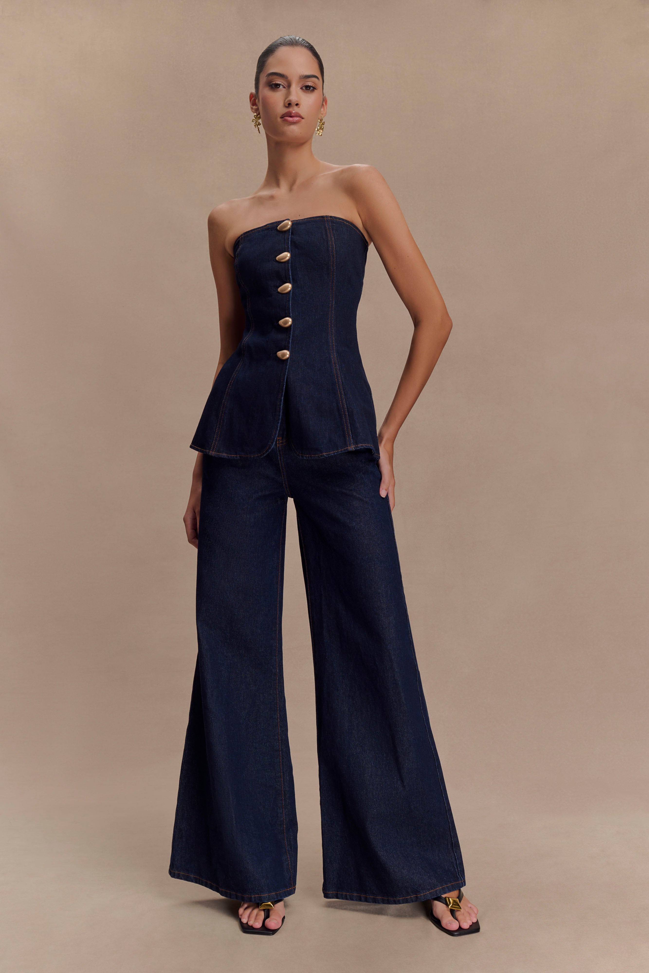 Levauro Jen Geniş Paça Flare Denim Jeans - İndigo Mavi