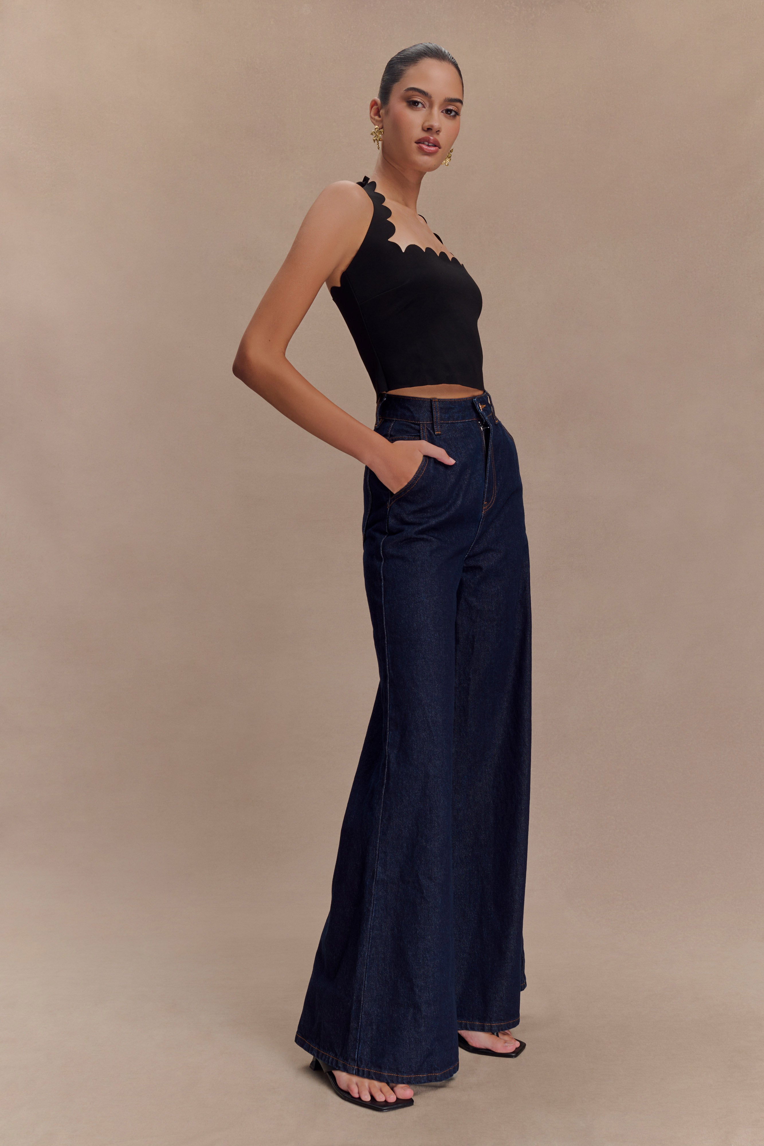 Levauro Jen Geniş Paça Flare Denim Jeans - İndigo Mavi