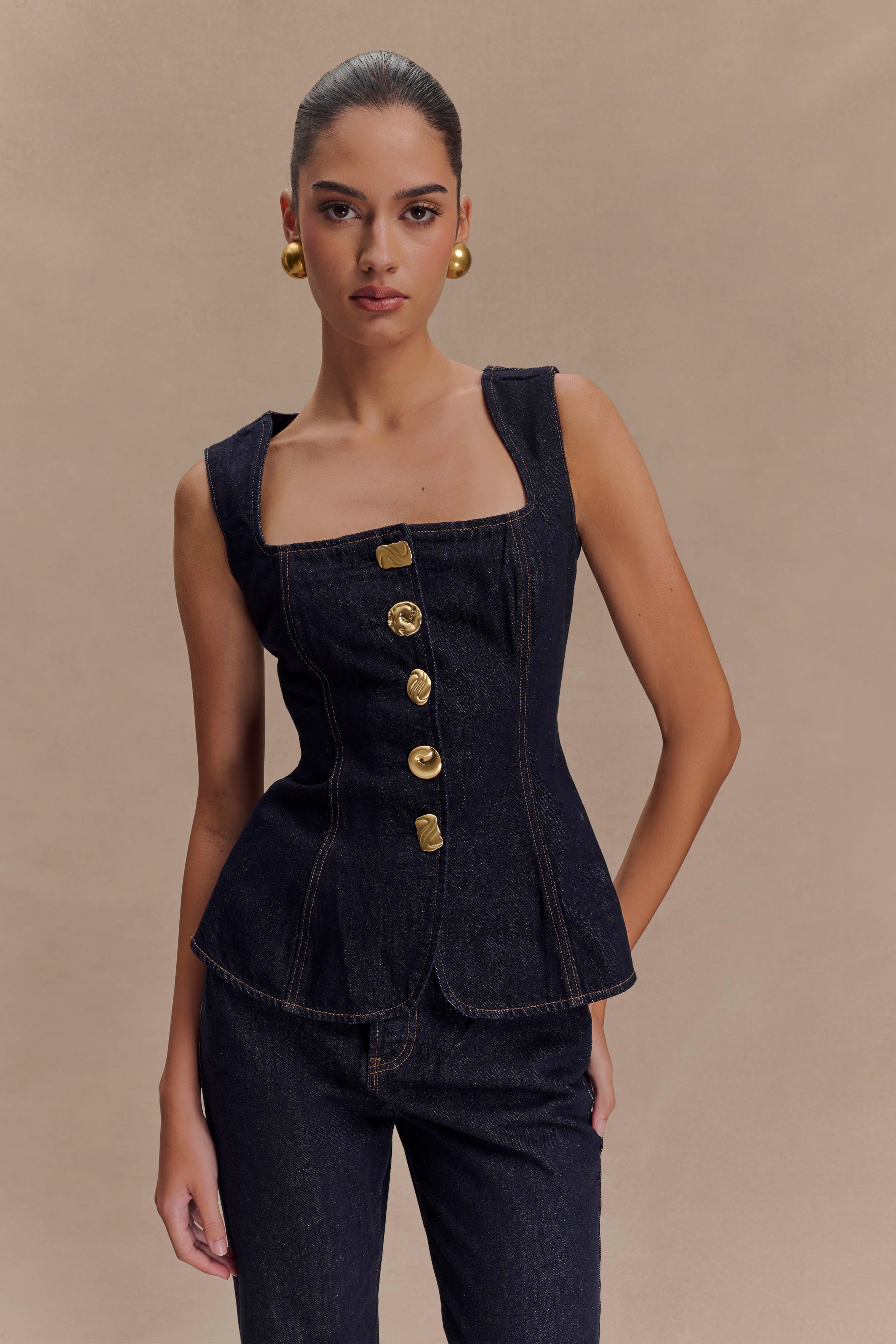 Levauro Neve Kolsuz Düğmeli Denim Üst - Yıkanmış İndigo Mavi