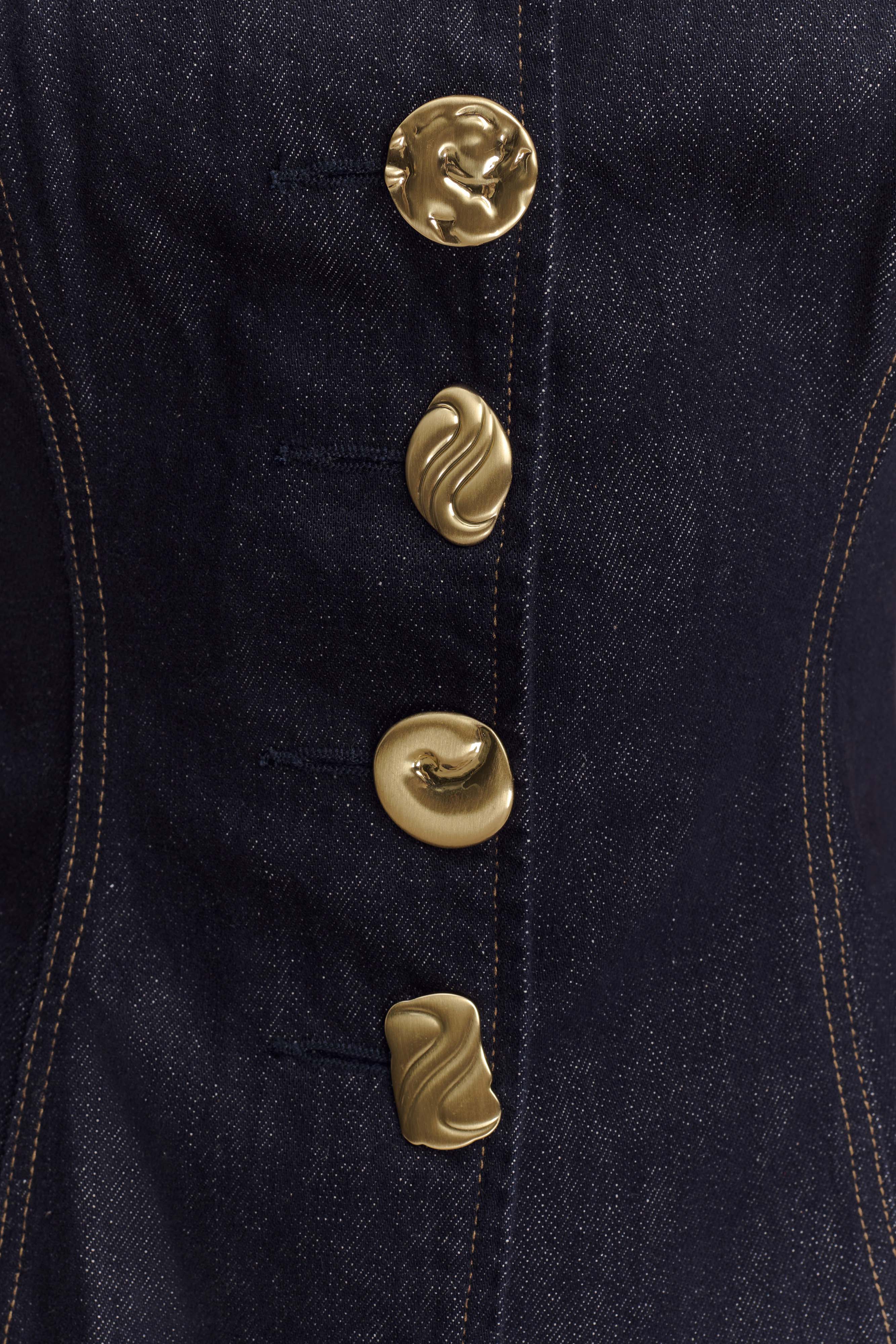 Levauro Neve Kolsuz Düğmeli Denim Üst - Yıkanmış İndigo Mavi