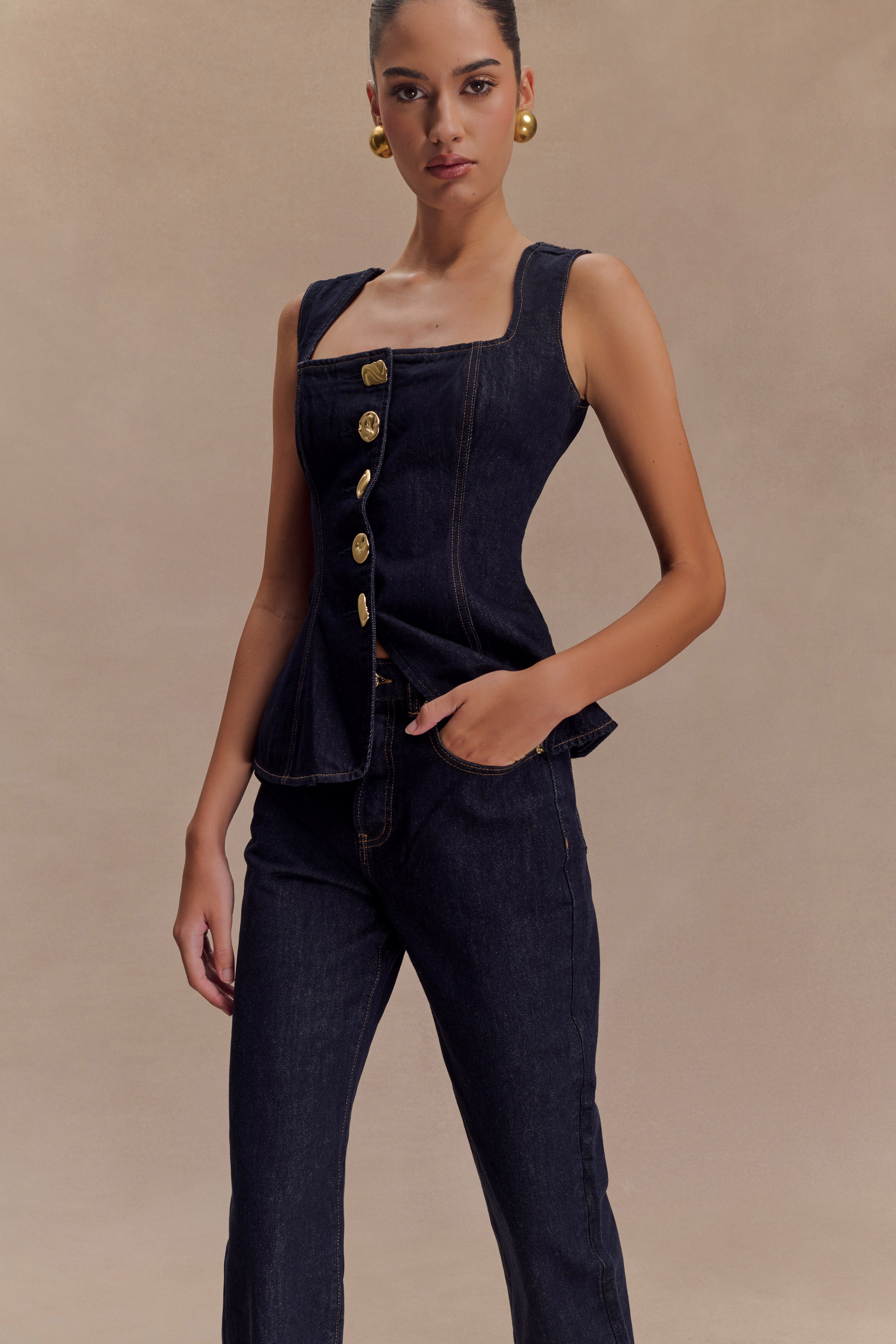 Levauro Neve Kolsuz Düğmeli Denim Üst - Yıkanmış İndigo Mavi