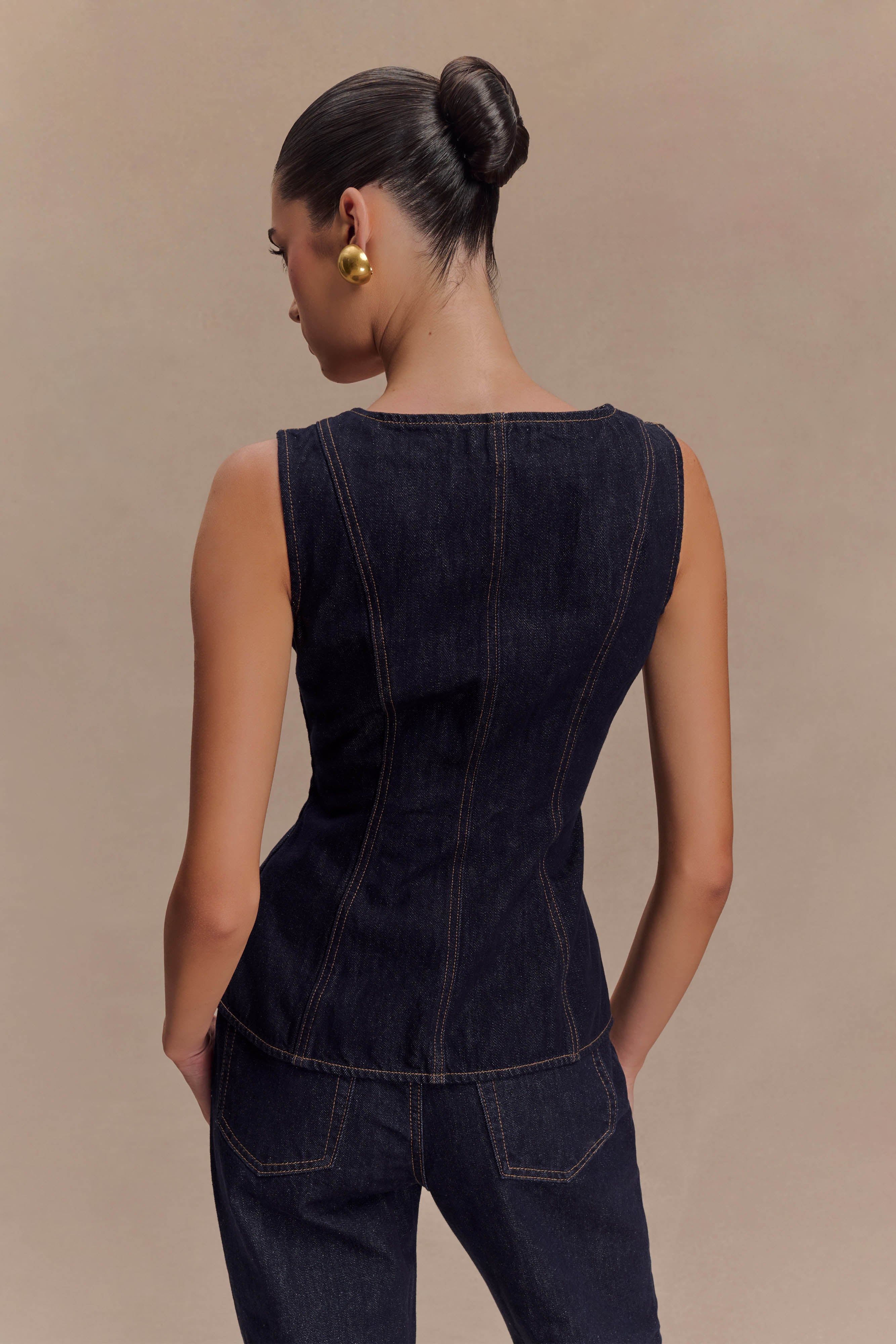 Levauro Neve Kolsuz Düğmeli Denim Üst - Yıkanmış İndigo Mavi