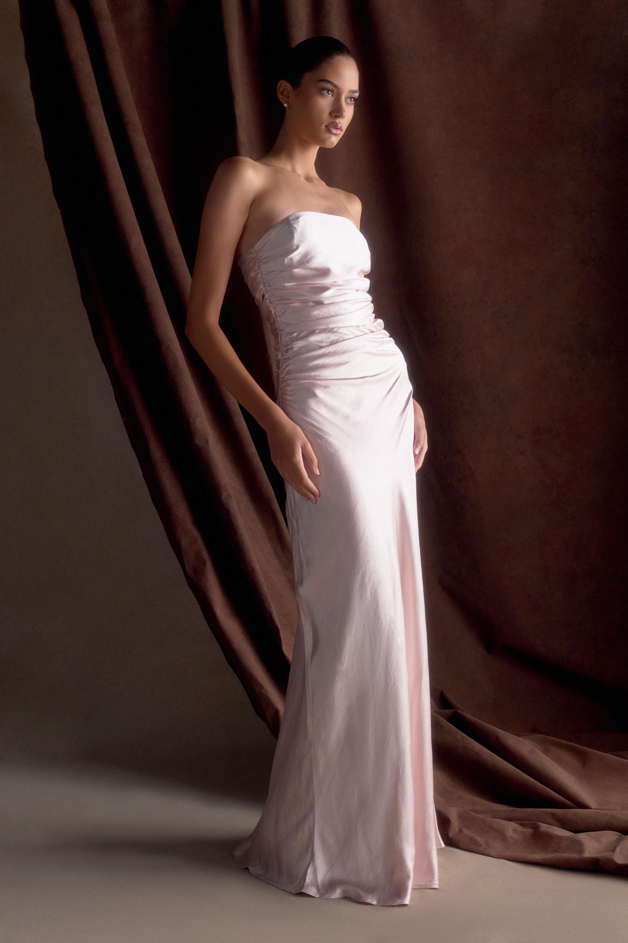 Levauro Sedir Straplez Saten Maxi Elbise - Soft Pembe