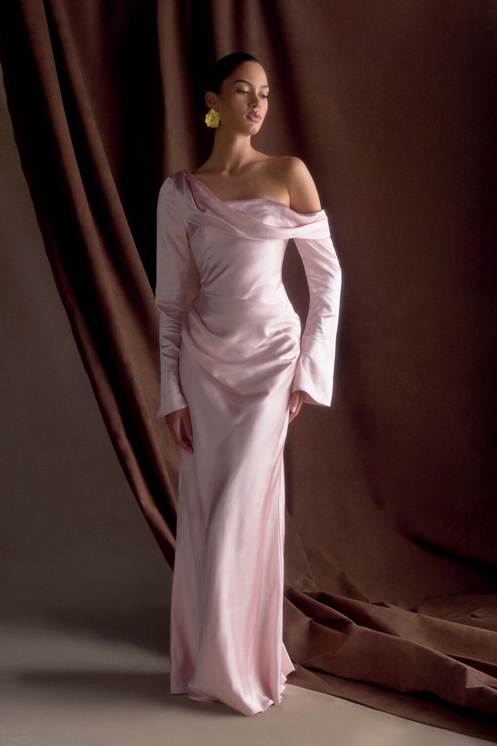 Levauro Iris Uzun Kol Saten Maxi Elbise - Soft Pembe