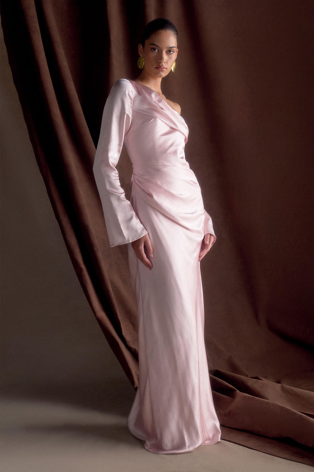 Levauro Iris Uzun Kol Saten Maxi Elbise - Soft Pembe
