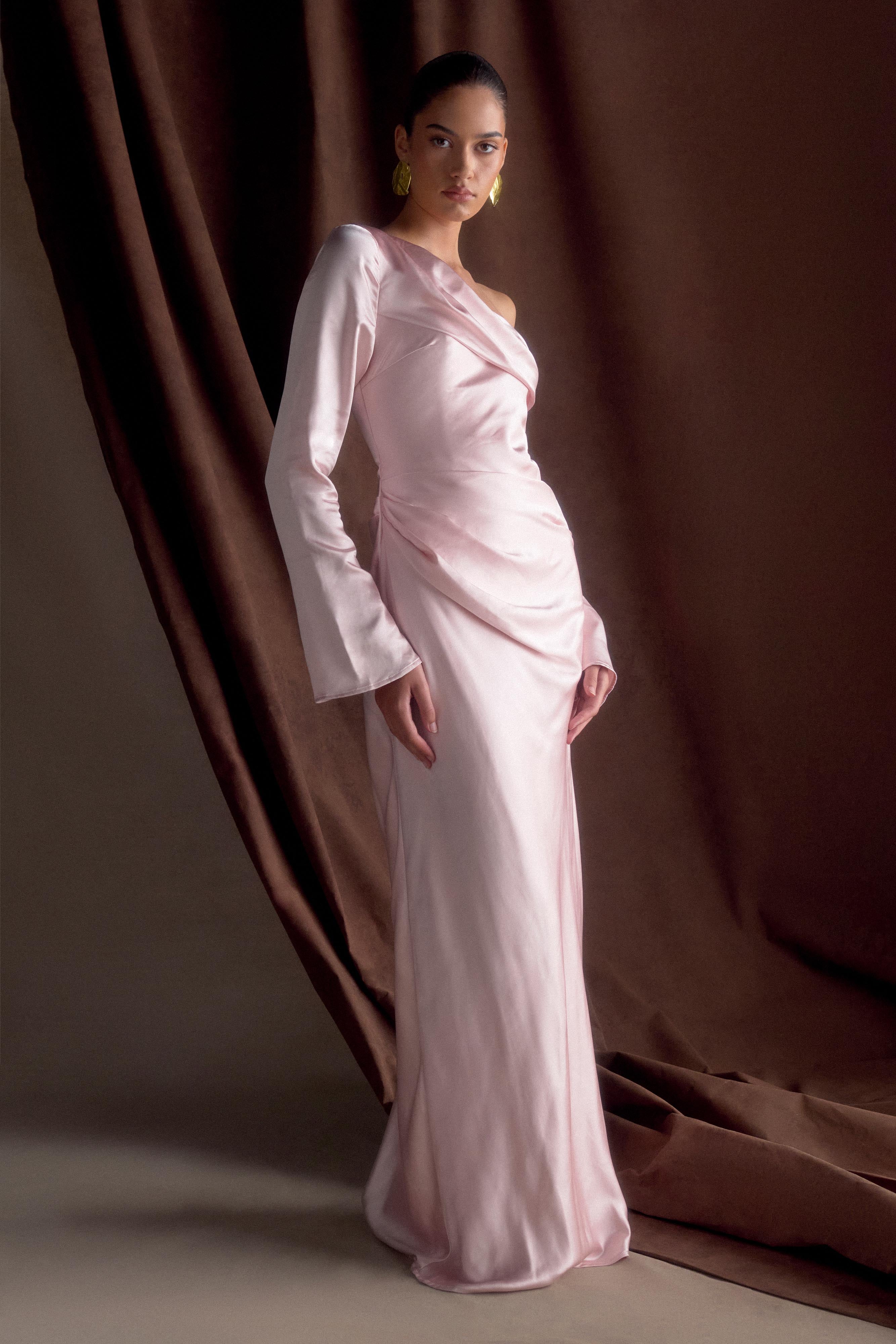 Levauro Iris Uzun Kol Saten Maxi Elbise - Soft Pembe