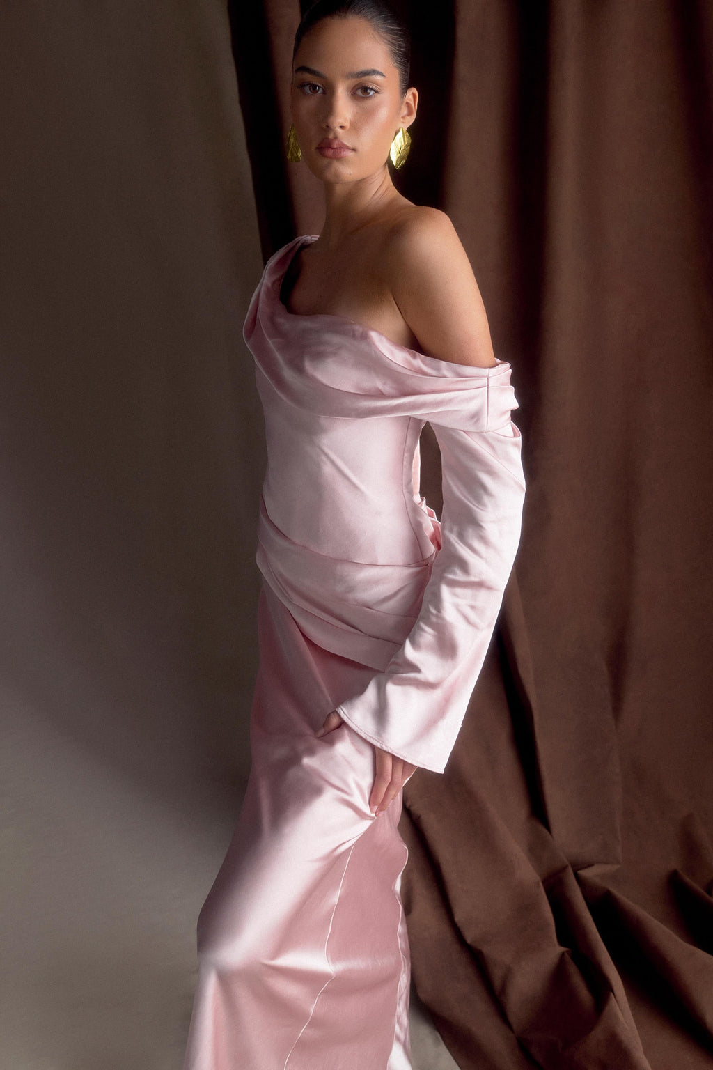 Levauro Iris Uzun Kol Saten Maxi Elbise - Soft Pembe