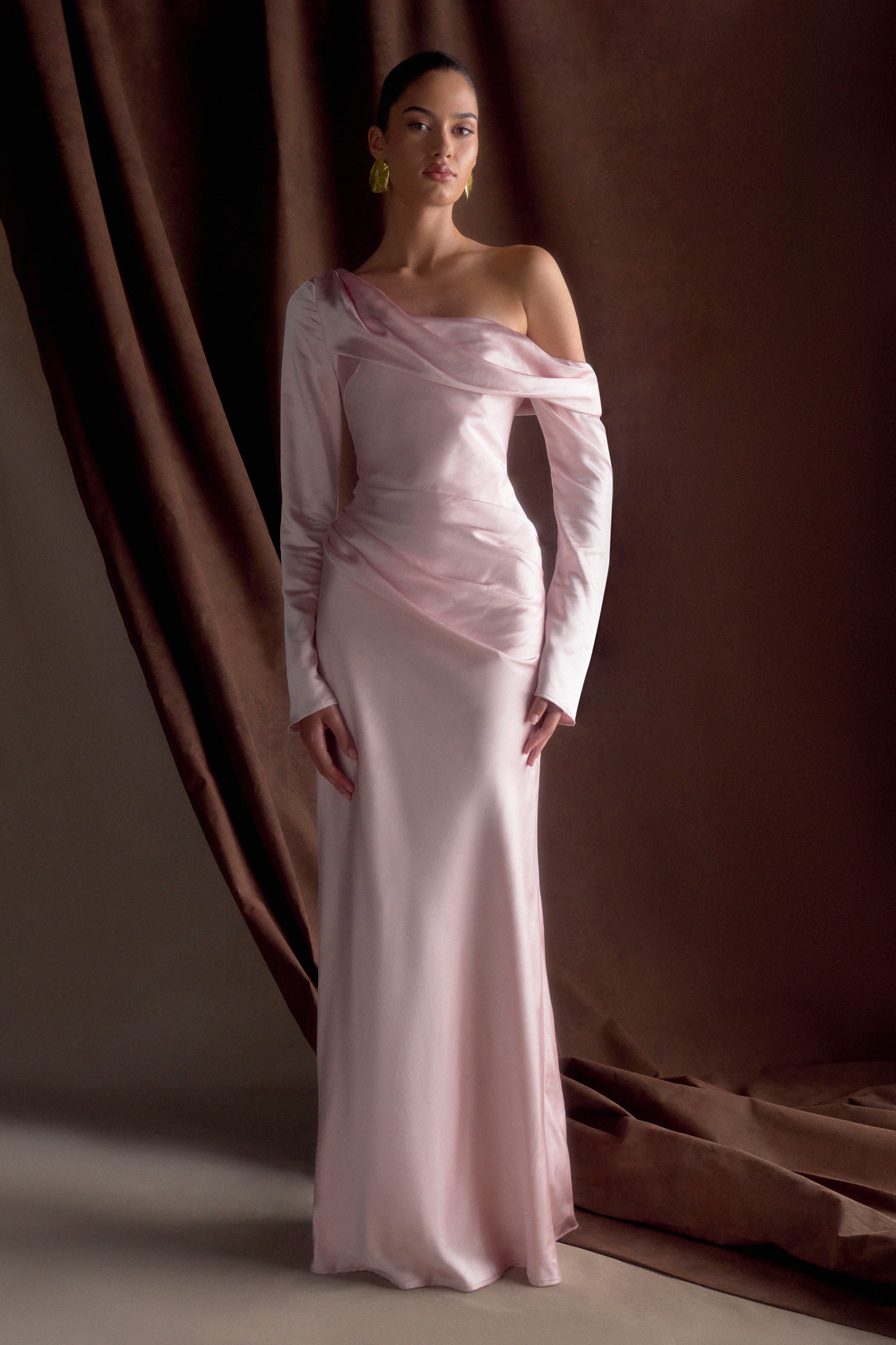Levauro Iris Uzun Kol Saten Maxi Elbise - Soft Pembe