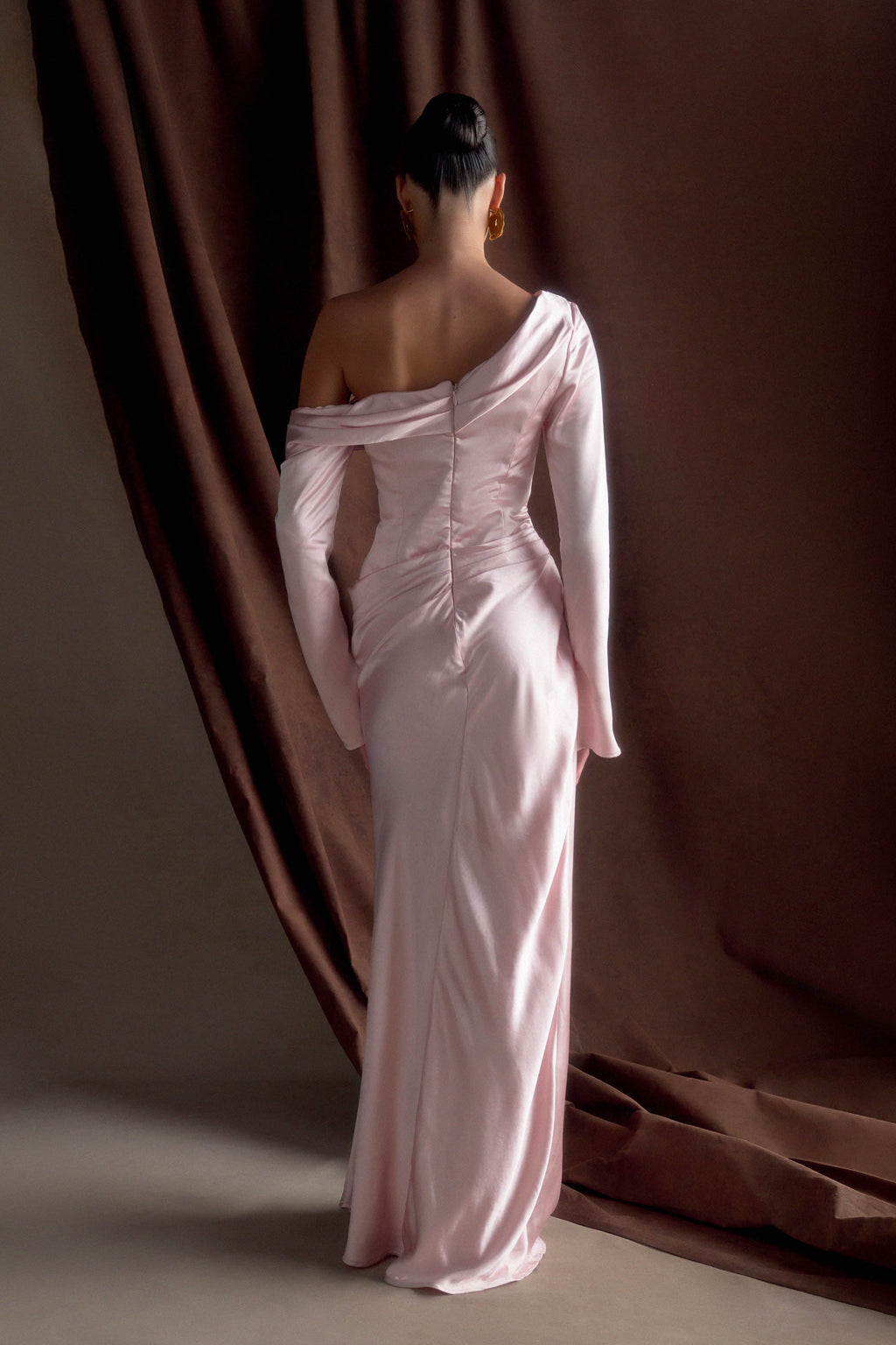 Levauro Iris Uzun Kol Saten Maxi Elbise - Soft Pembe
