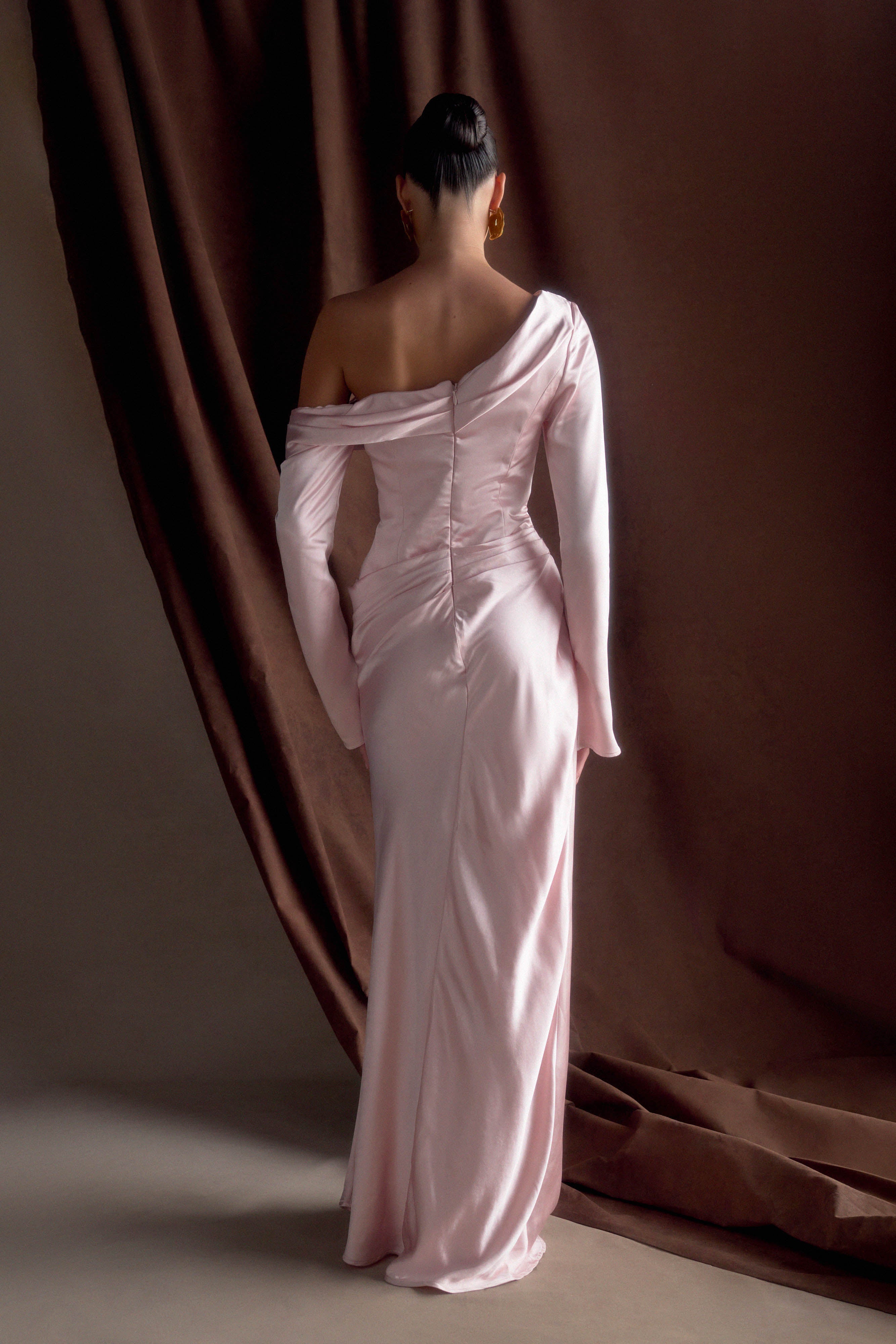Levauro Iris Uzun Kol Saten Maxi Elbise - Soft Pembe