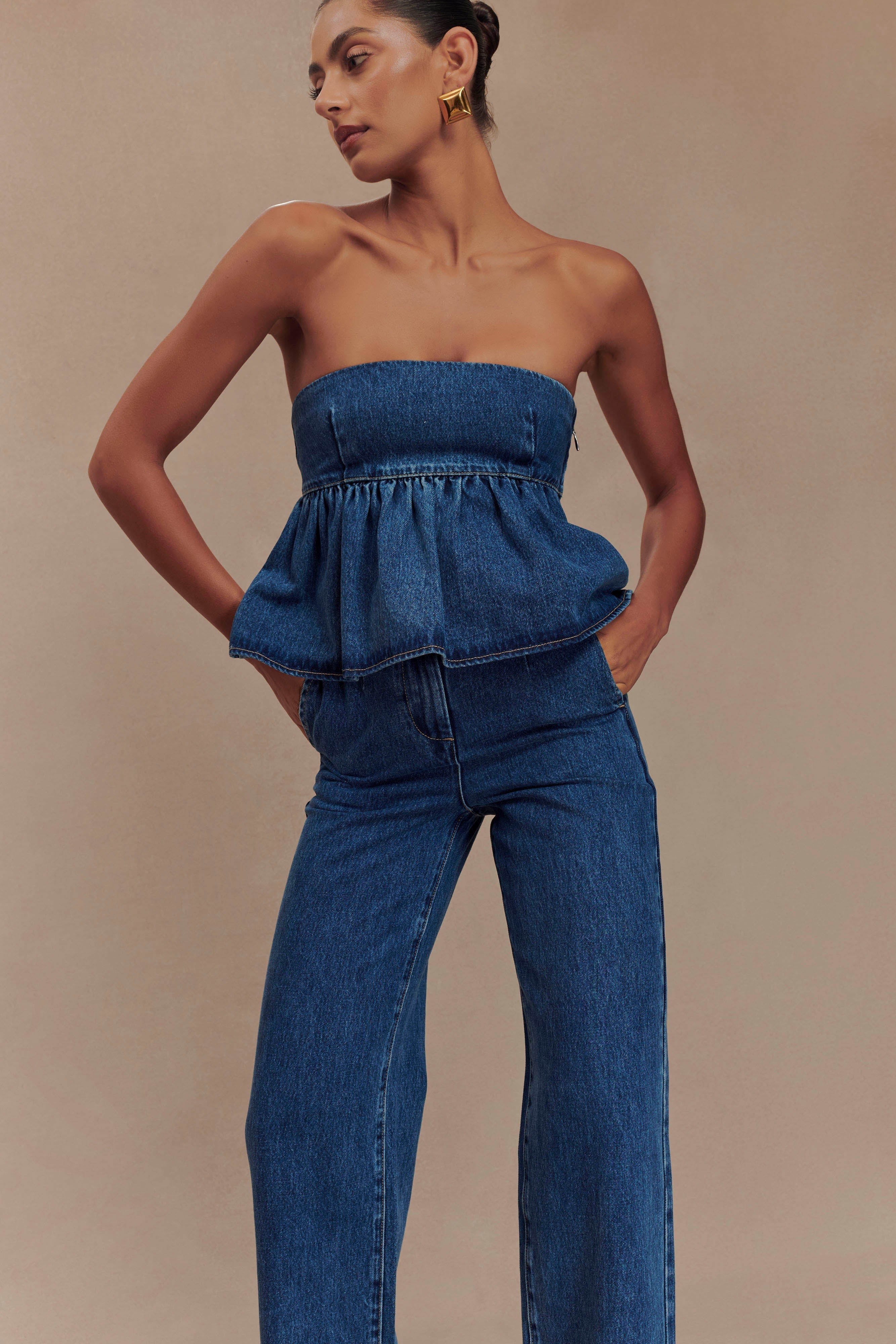 Levauro Pauline Straplez Denim Üst - 90'Lar Mavi