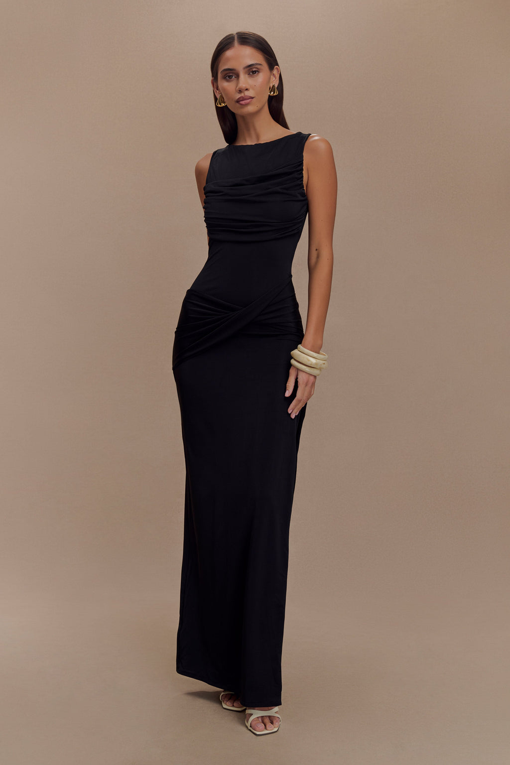 Levauro Henley Slinky Drape Maxi Elbise - Siyah