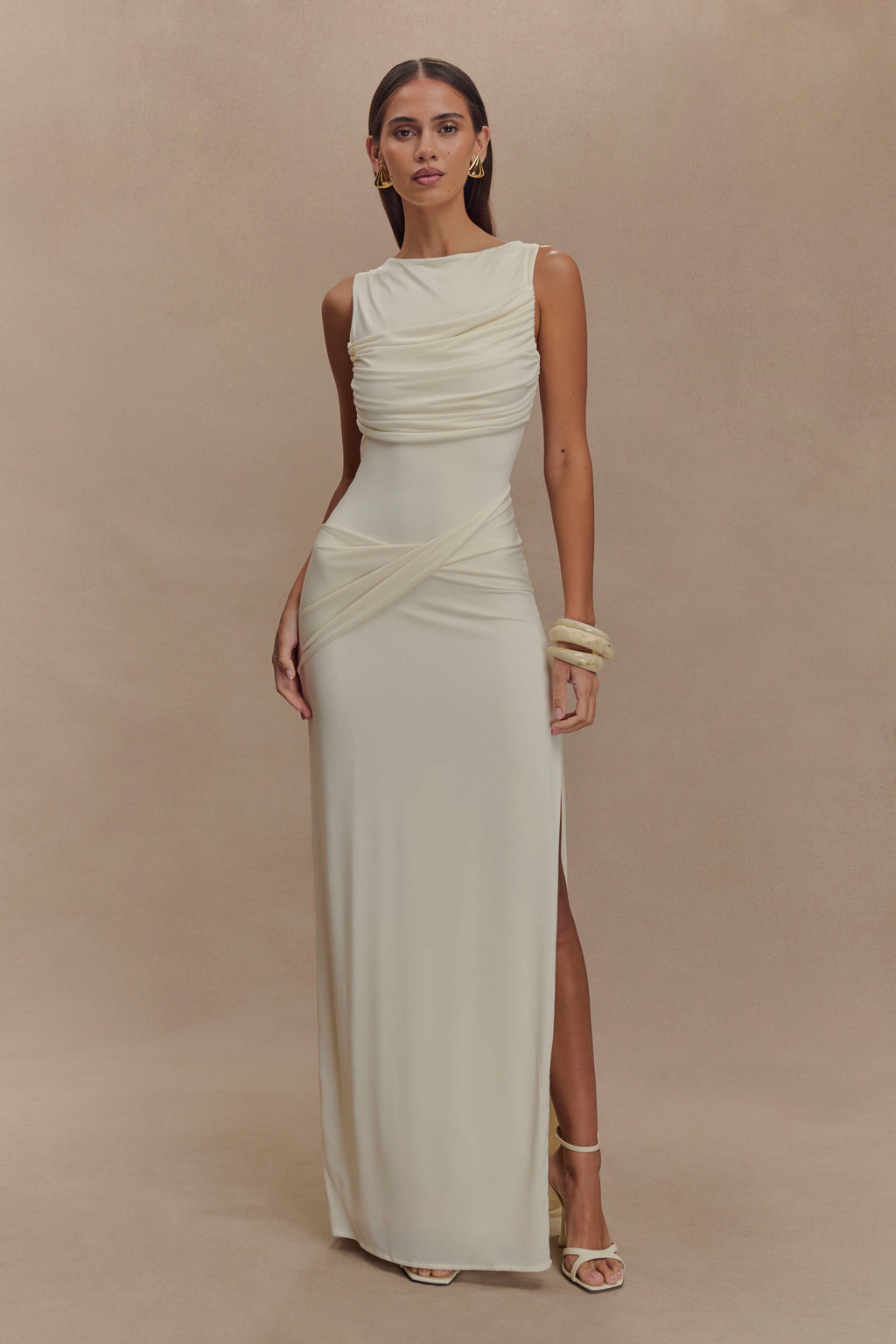 Levauro Henley Slinky Drape Maxi Elbise - Fildişi