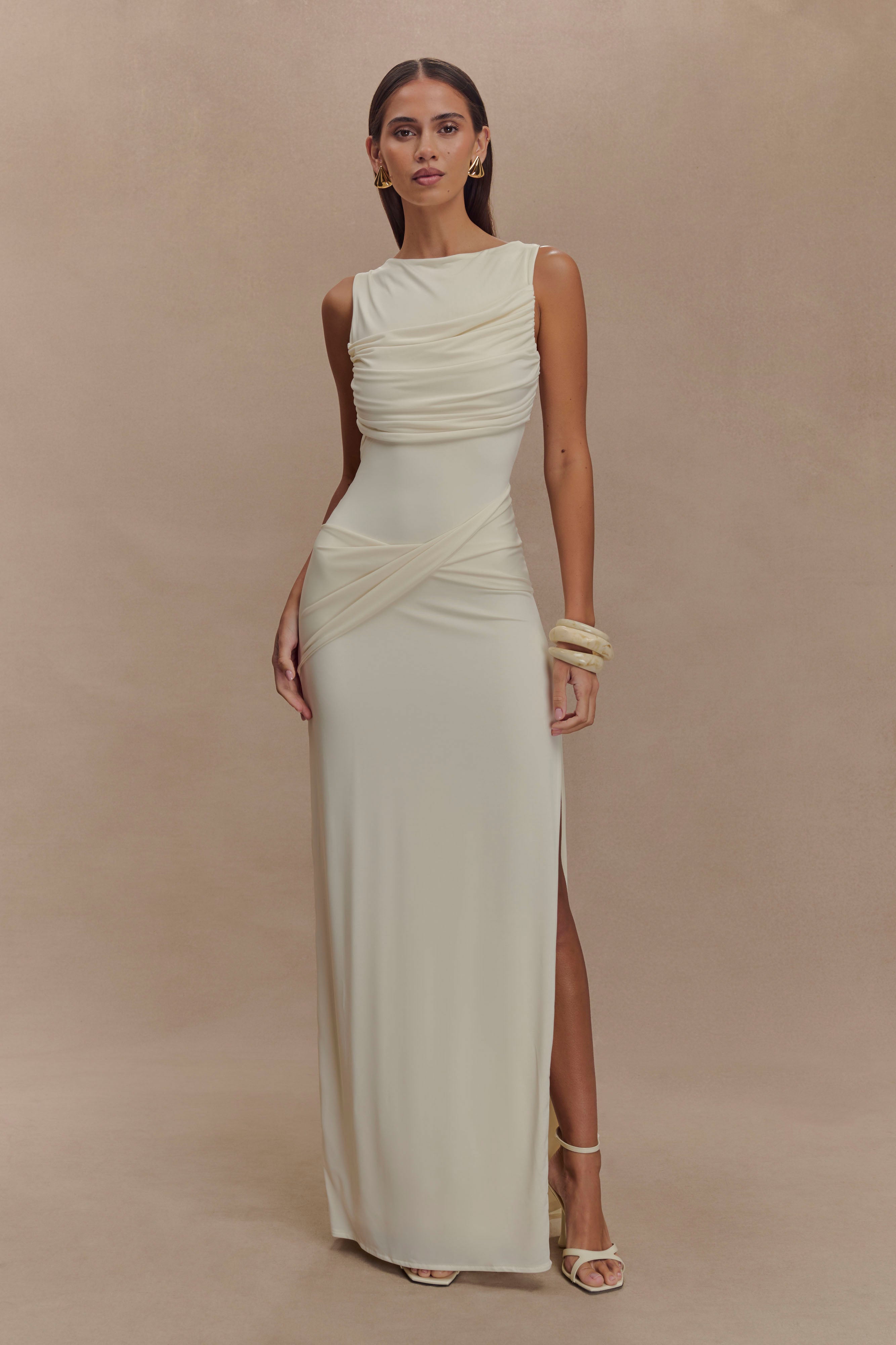 Levauro Henley Slinky Drape Maxi Elbise - Fildişi