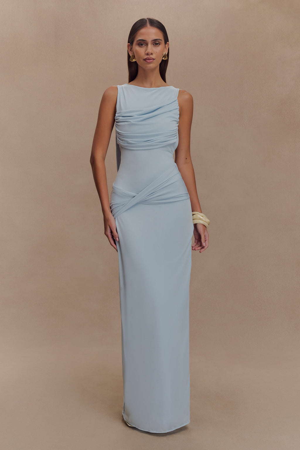 Levauro Henley Slinky Drape Maxi Elbise - Soluk Mavi