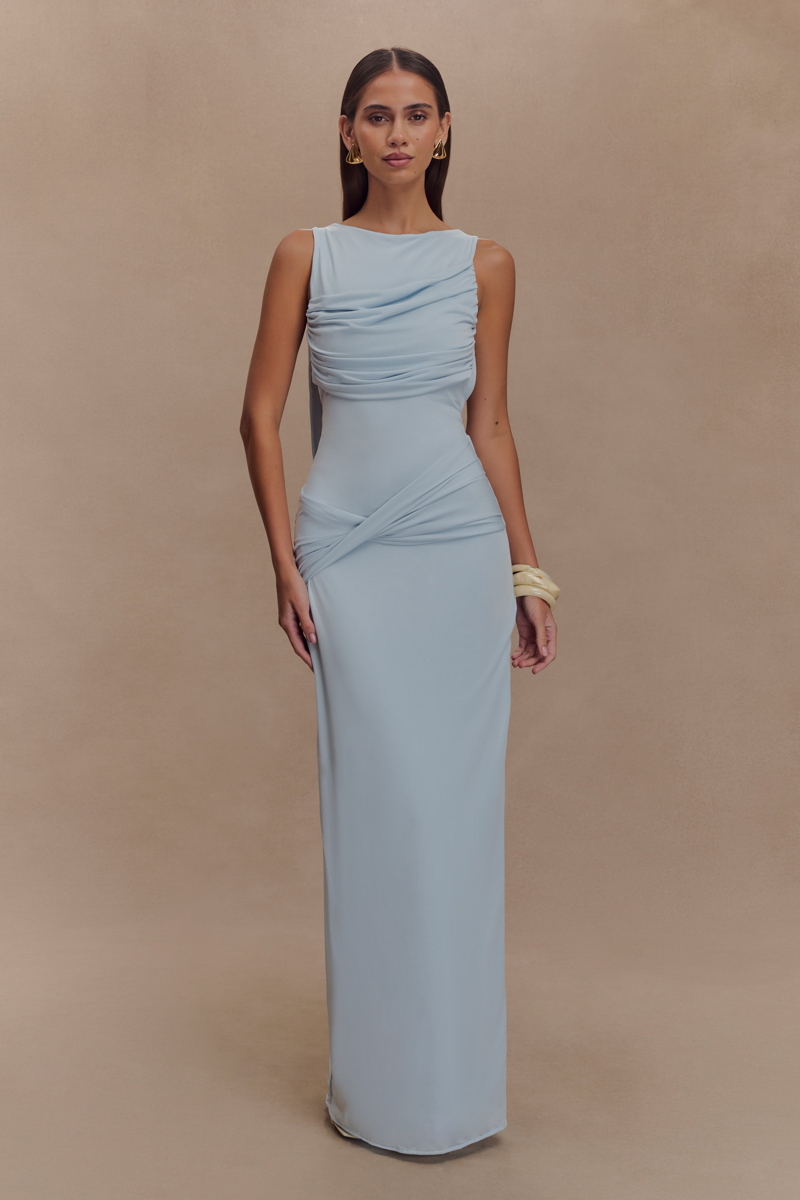 Levauro Henley Slinky Drape Maxi Elbise - Soluk Mavi