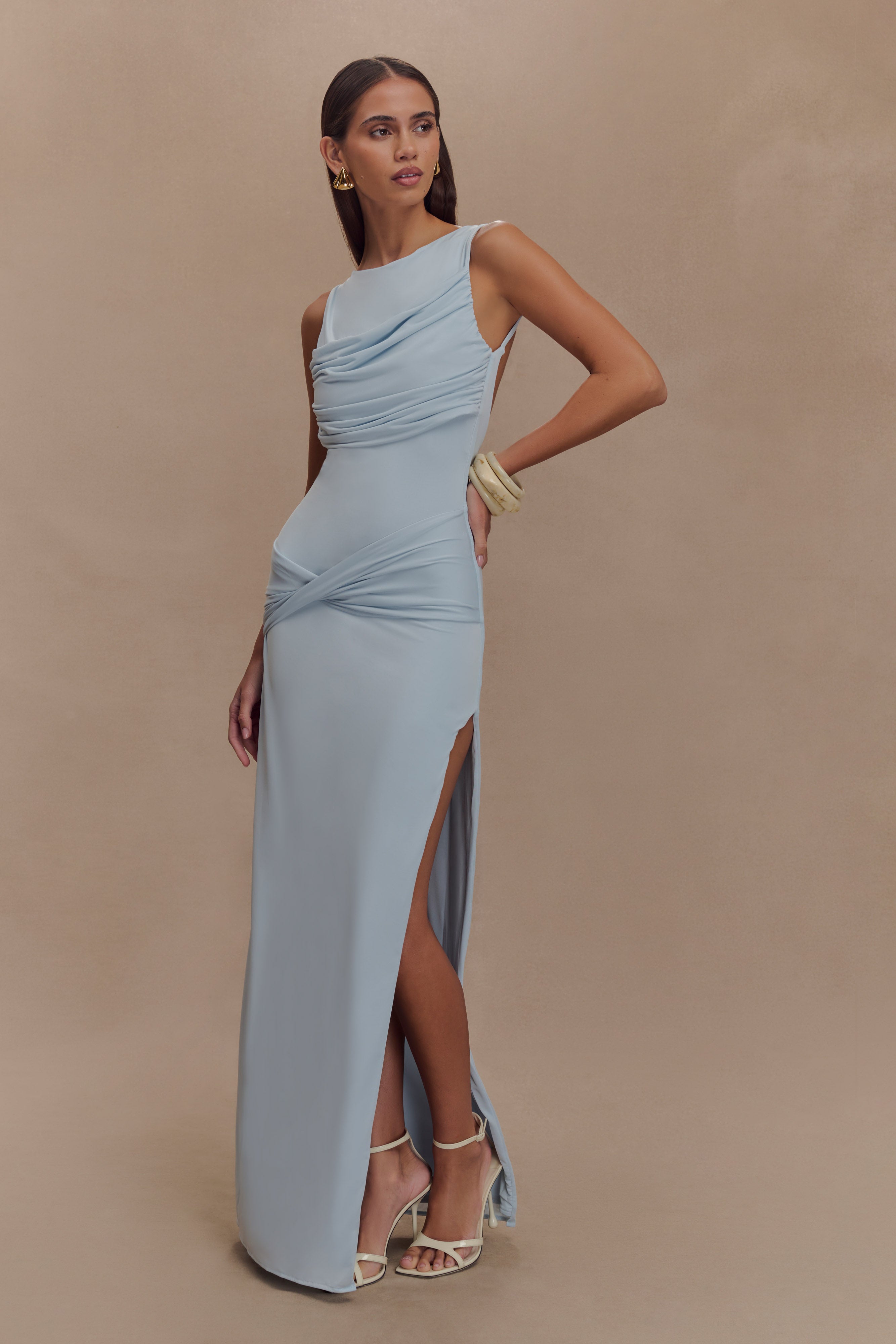 Levauro Henley Slinky Drape Maxi Elbise - Soluk Mavi