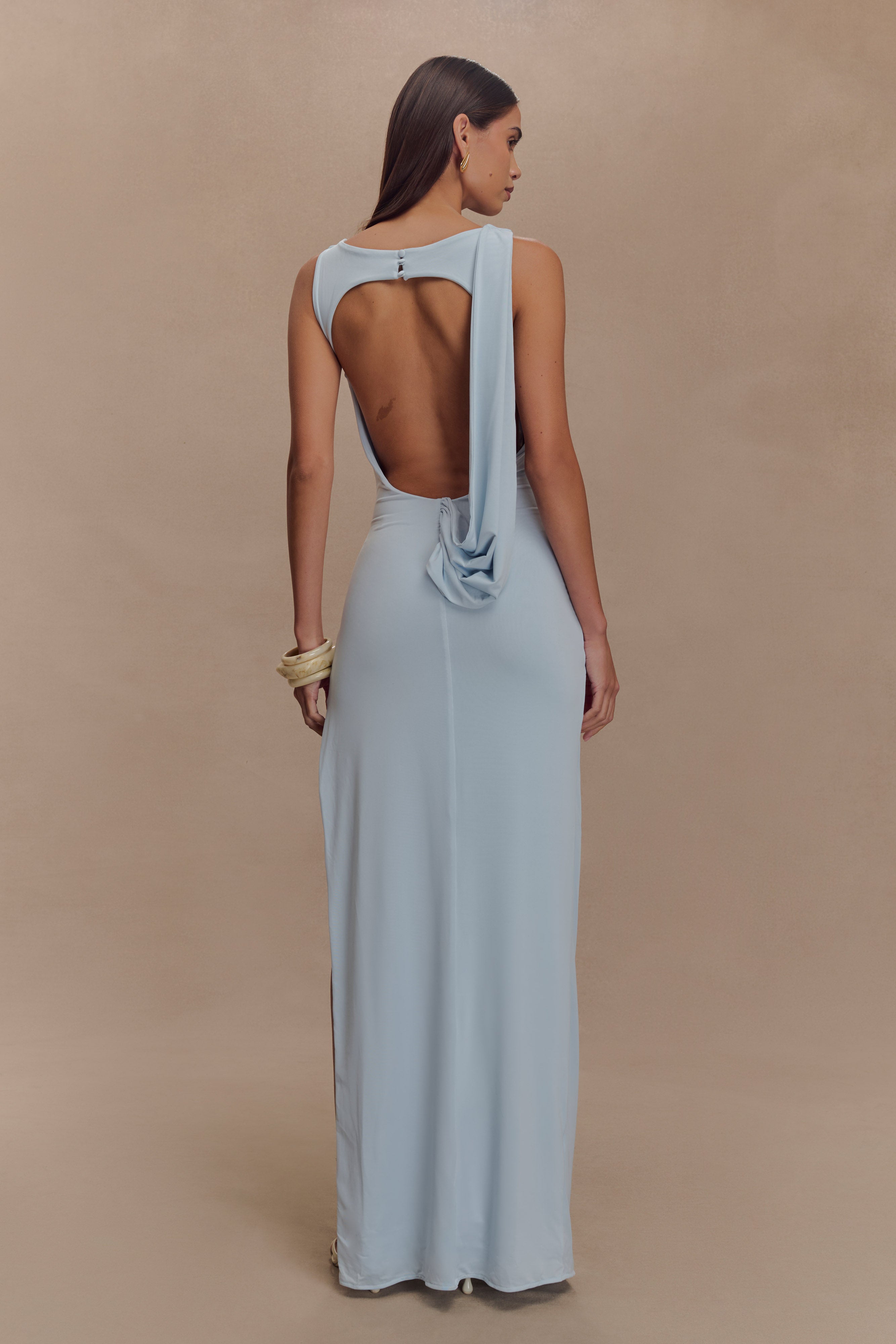 Levauro Henley Slinky Drape Maxi Elbise - Soluk Mavi
