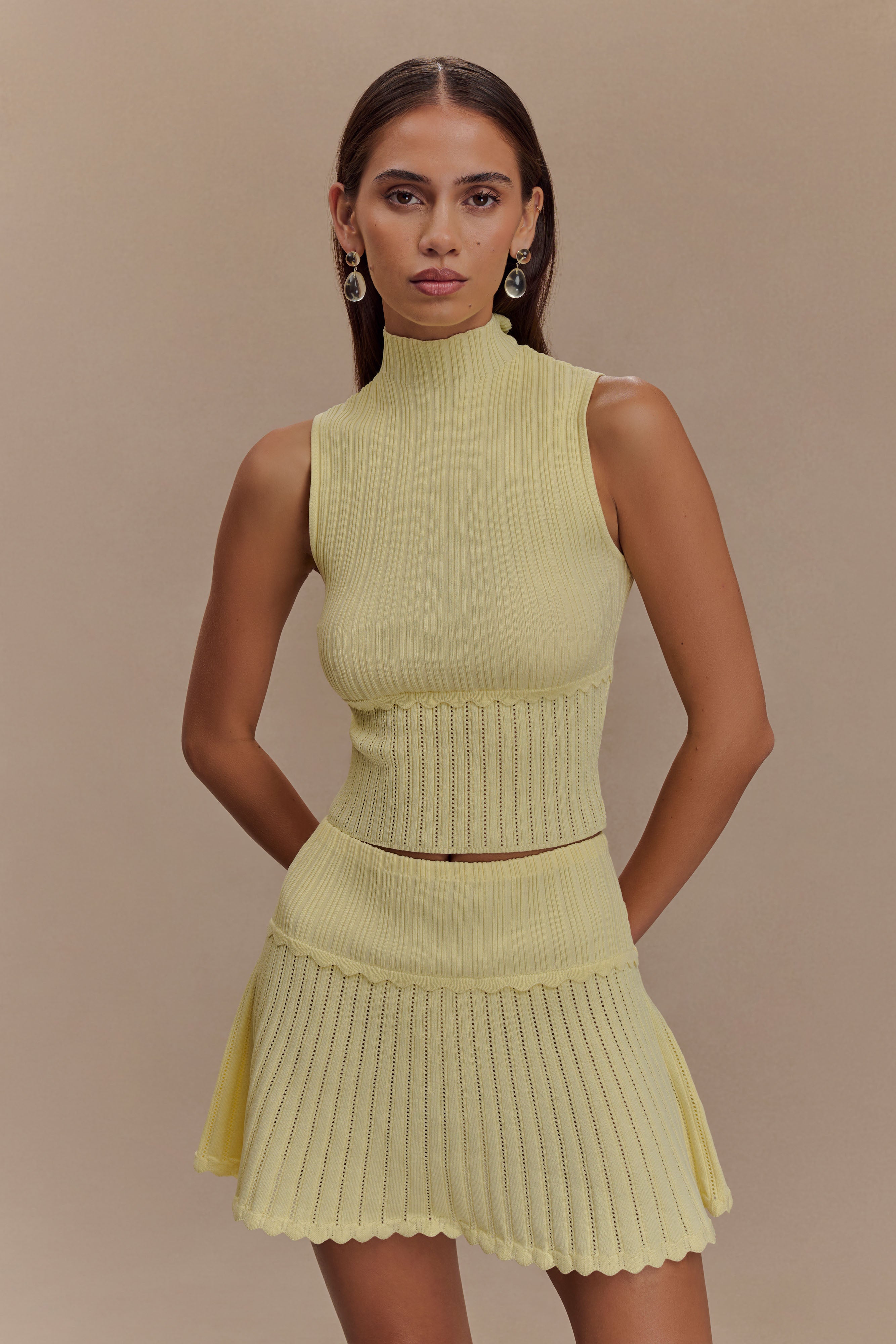 Levauro Indy Pointelle Örgü Mini Etek - Limon