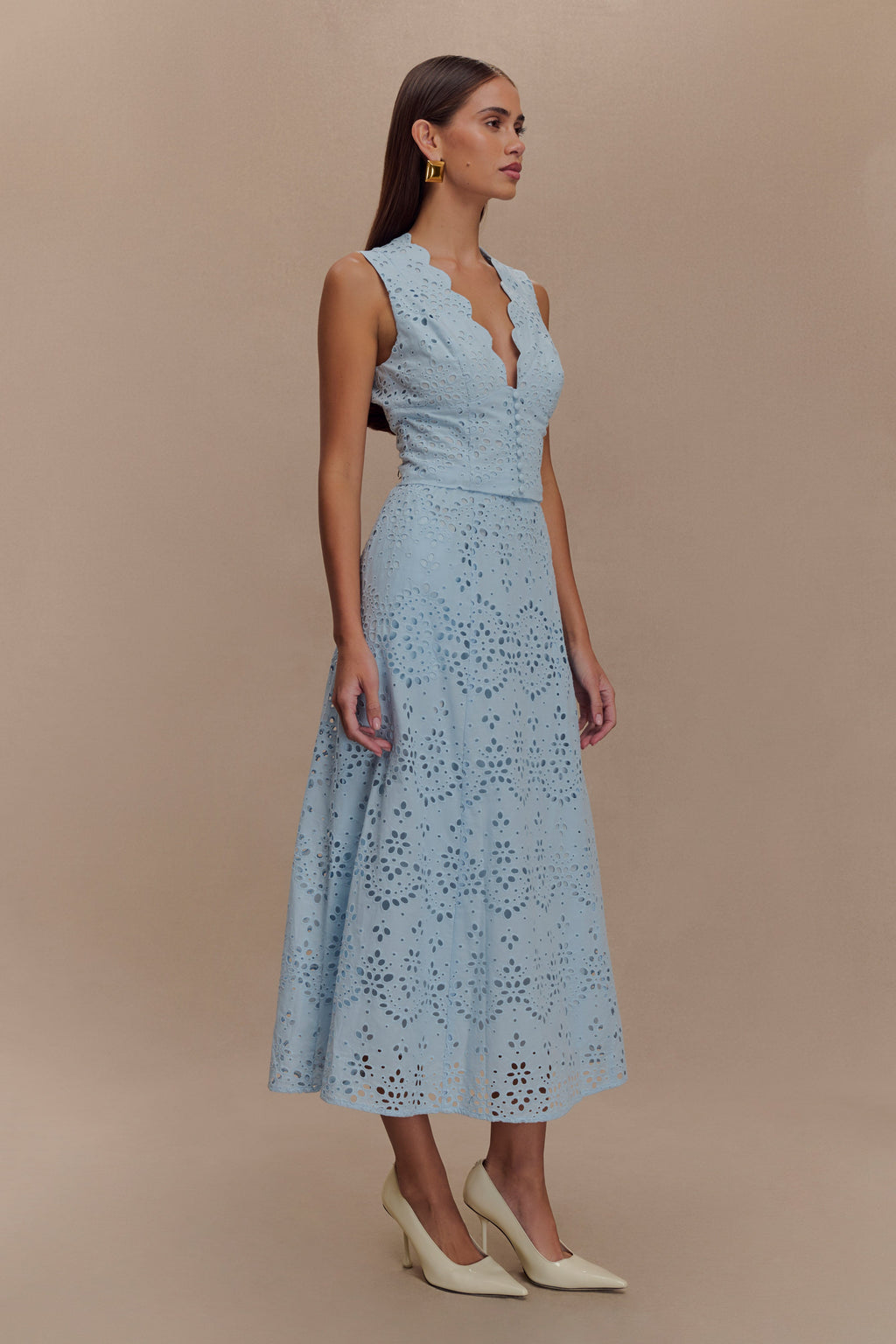 Levauro Arla Broderie Midi Etek - Soluk Peygamber Çiçeği Mavisi