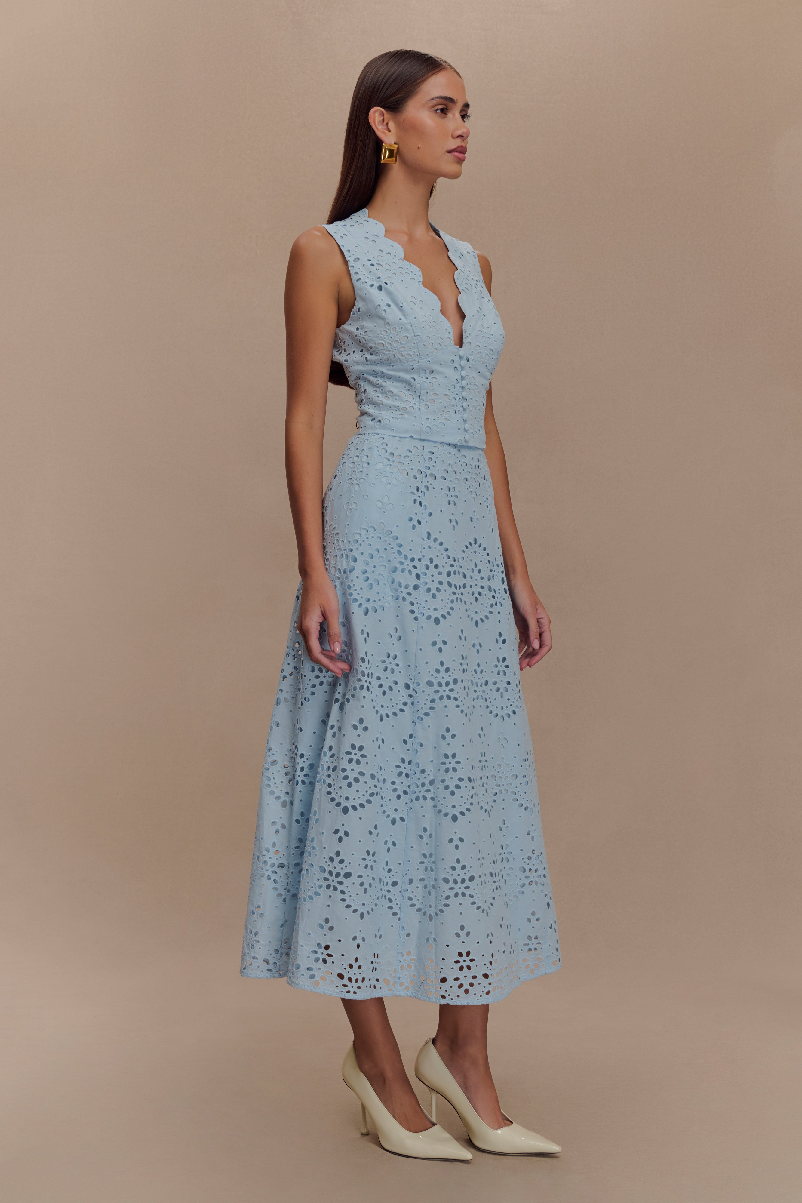Levauro Arla Broderie Midi Etek - Soluk Peygamber Çiçeği Mavisi