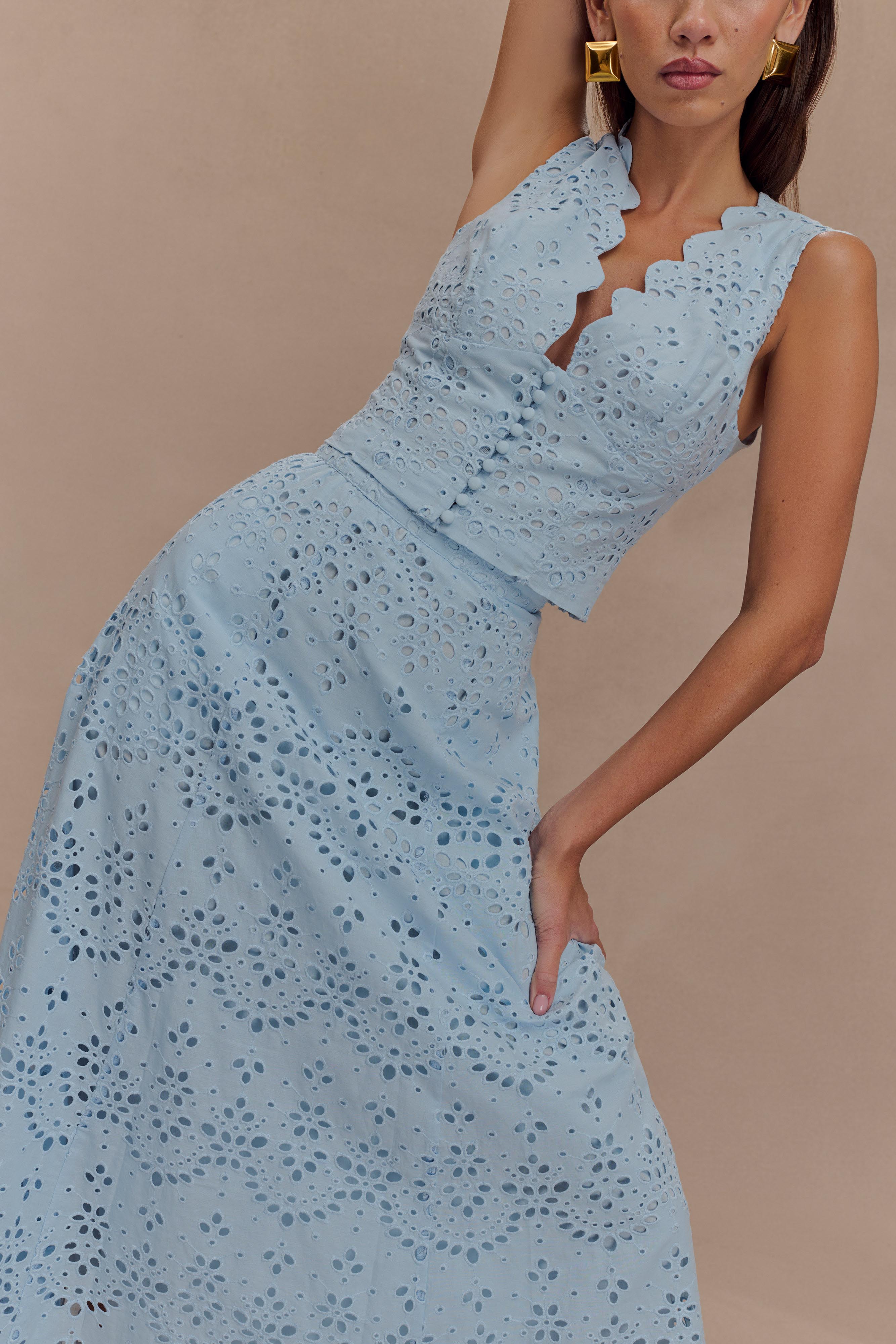 Levauro Arla Broderie Midi Etek - Soluk Peygamber Çiçeği Mavisi