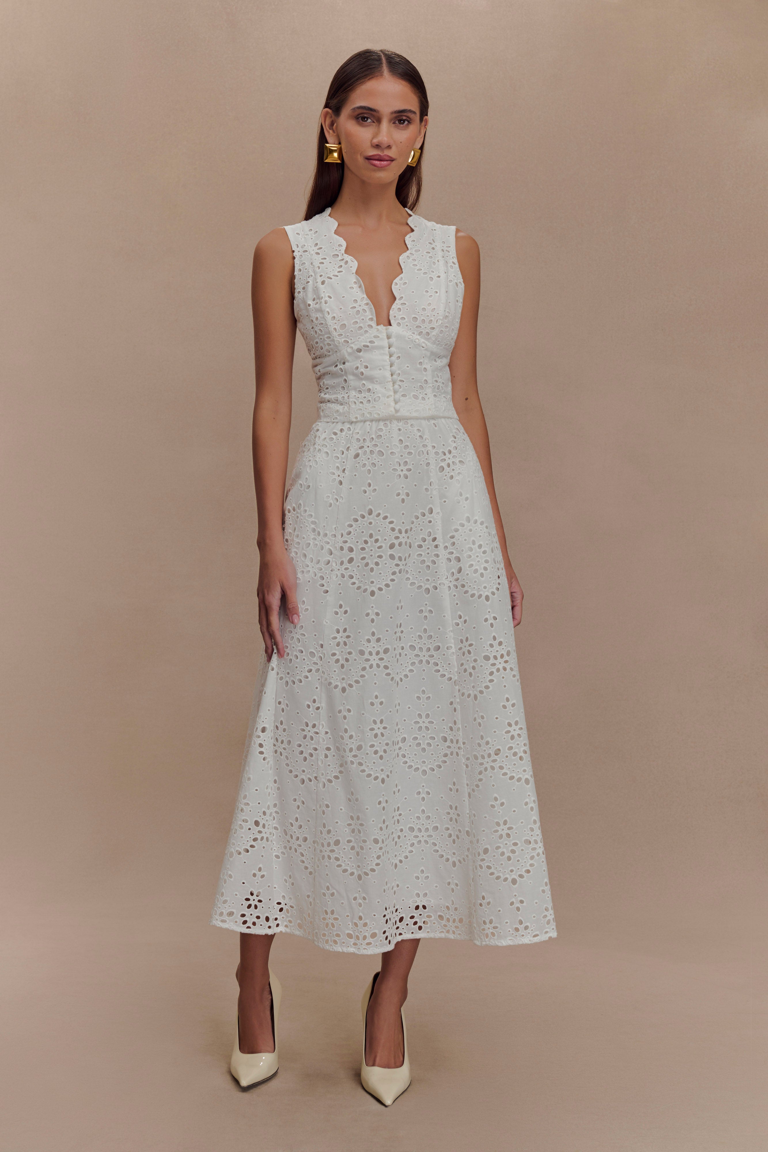 Levauro Arla Broderie Midi Etek - Beyaz