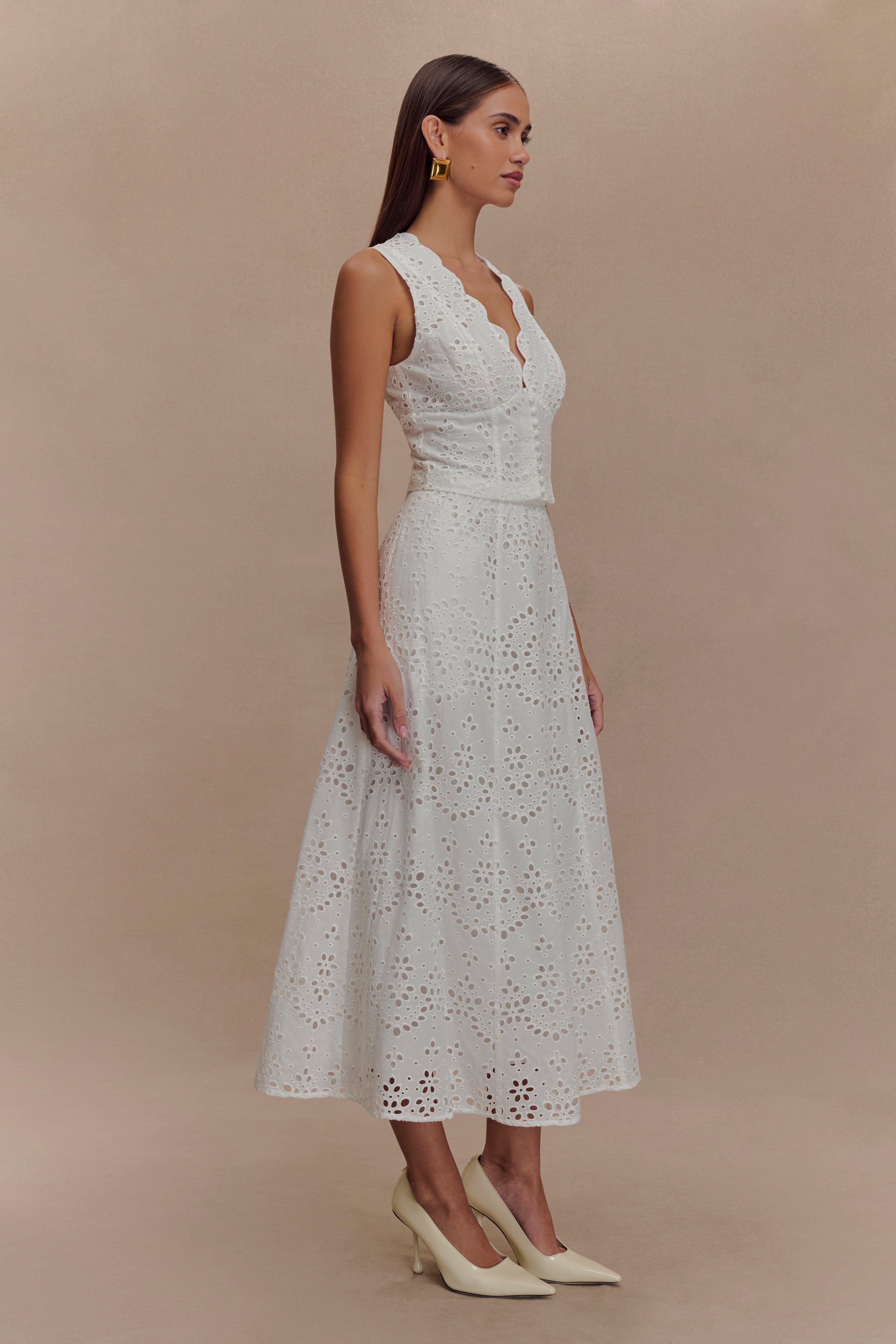 Levauro Arla Broderie Midi Etek - Beyaz